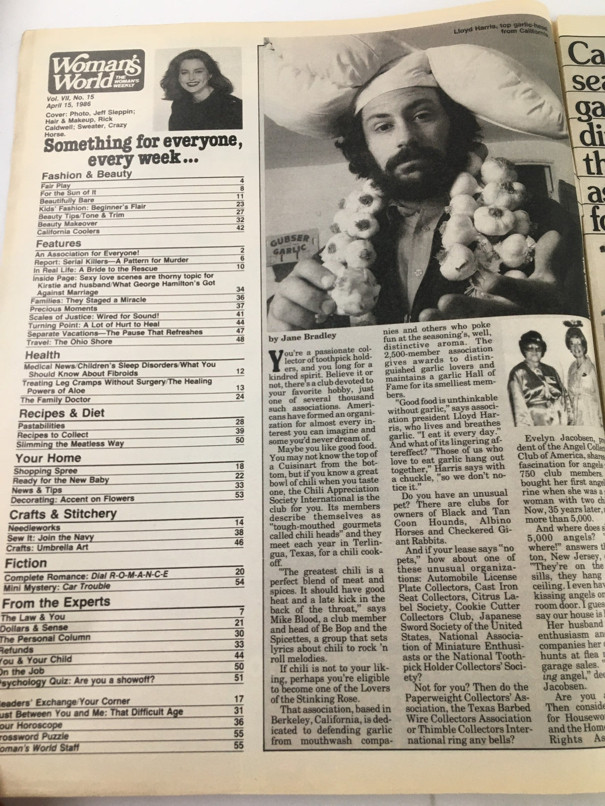 Table of contents of Woman's World Magazine April 15 1986, listing features, health, recipes, and crafts sections.