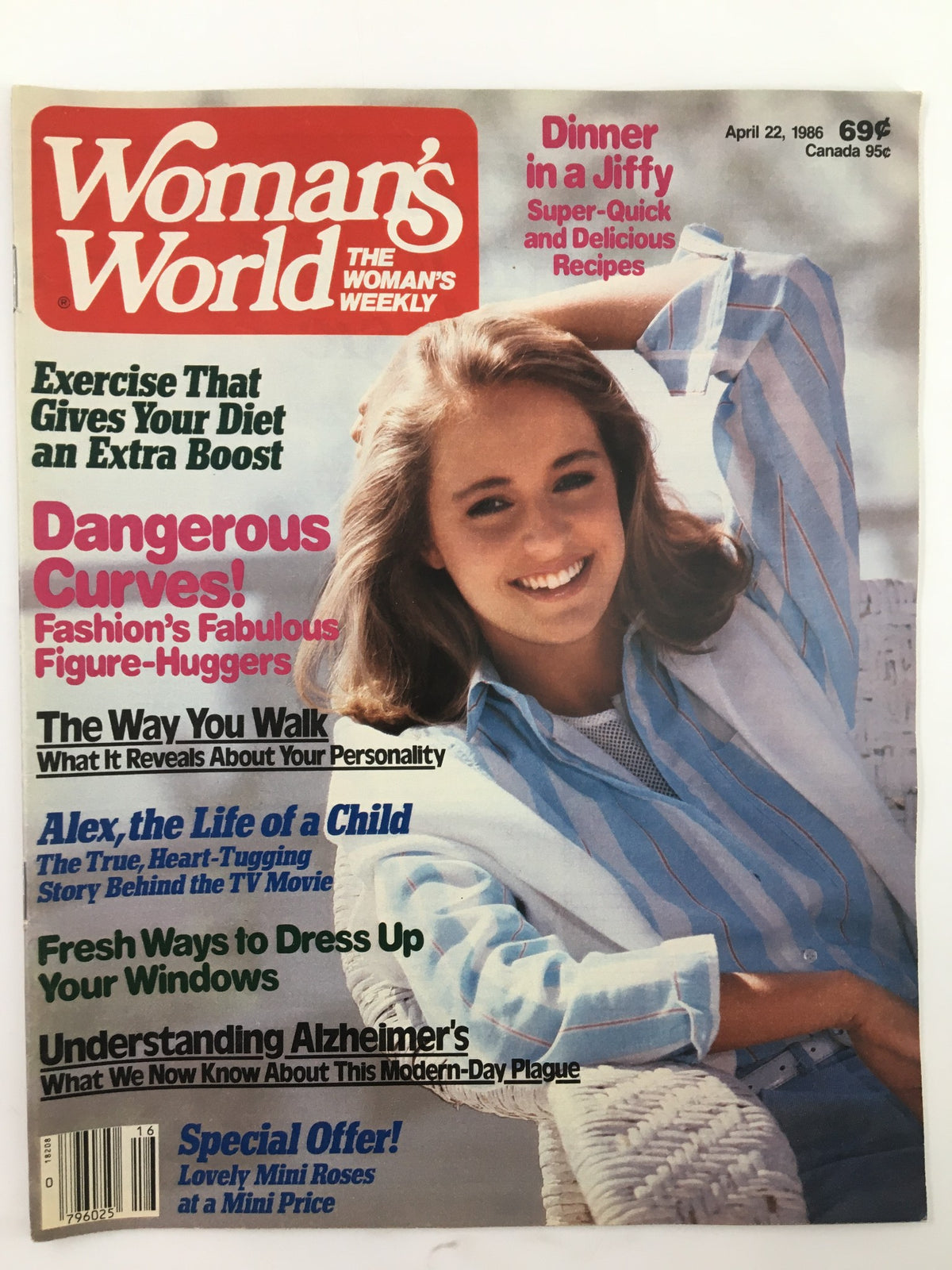 Cover of Woman's World Magazine, April 22, 1986, titled 'The Way You Walk', featuring a smiling young woman in a striped shirt. The magazine highlights articles on exercise, fashion, cooking, and personal stories.