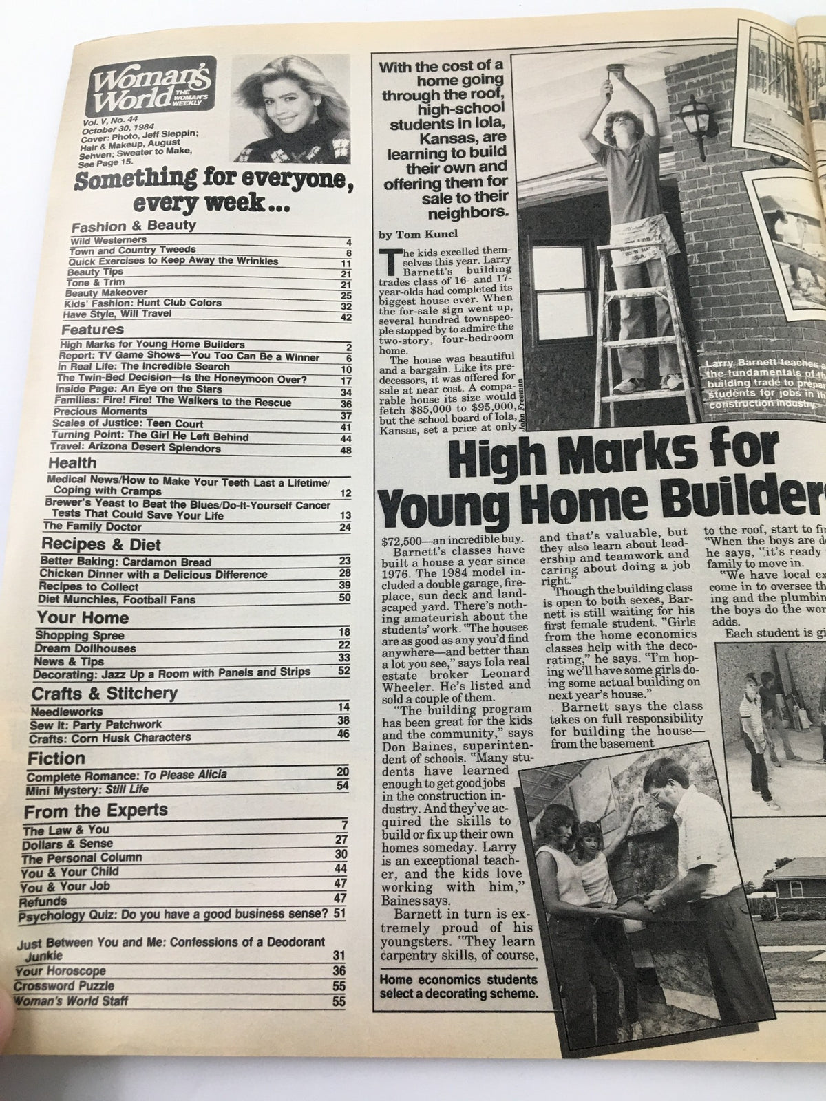 Inside page of Woman's World Magazine from October 30, 1984 showcasing table of contents with features on fashion, beauty, home building, and crafts, accompanied by an image of students working on home renovation projects.