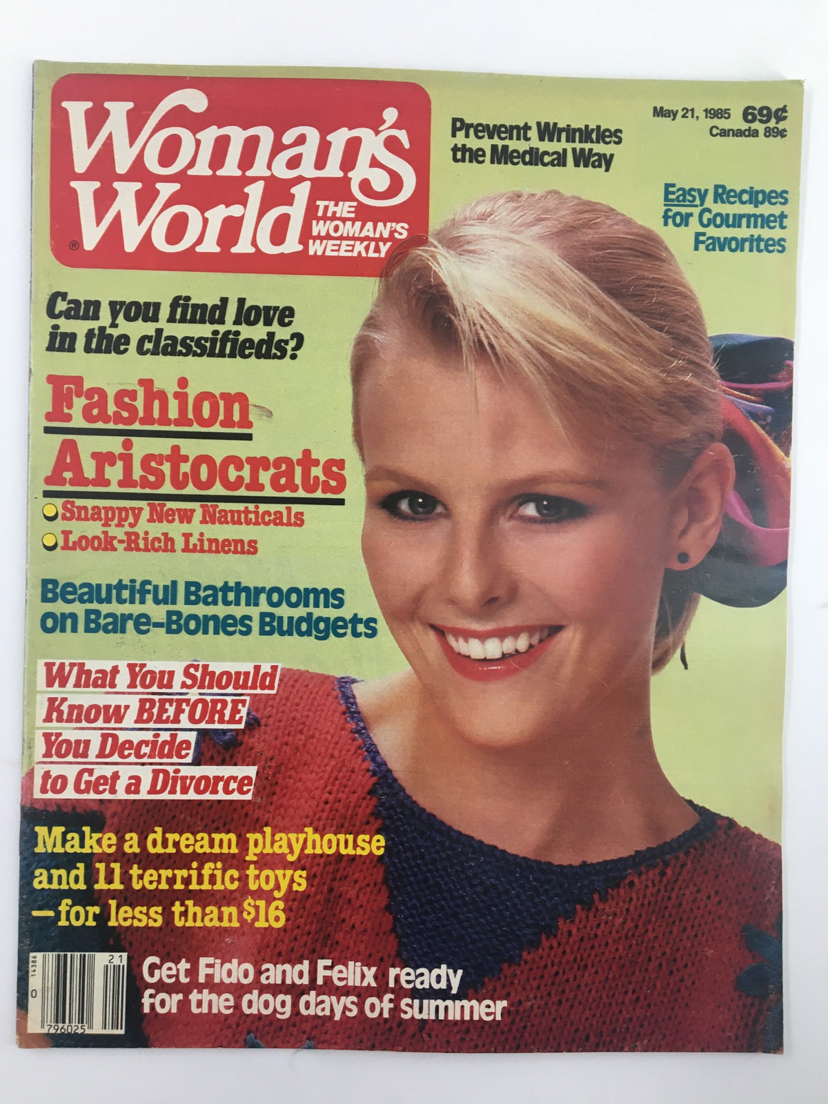 Cover of Woman's World Magazine from May 21, 1985 featuring the title 'Prevent Wrinkles The Medical Way' with a smiling woman in a colorful outfit and various headlines about fashion and lifestyle.