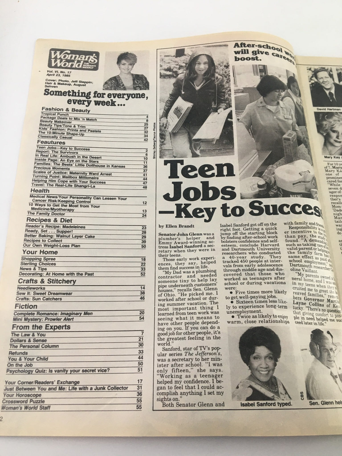Woman's World Magazine April 23 1985 featuring content on fashion, beauty, health, and articles about teen jobs and success, including a section on the key to success in the workplace.