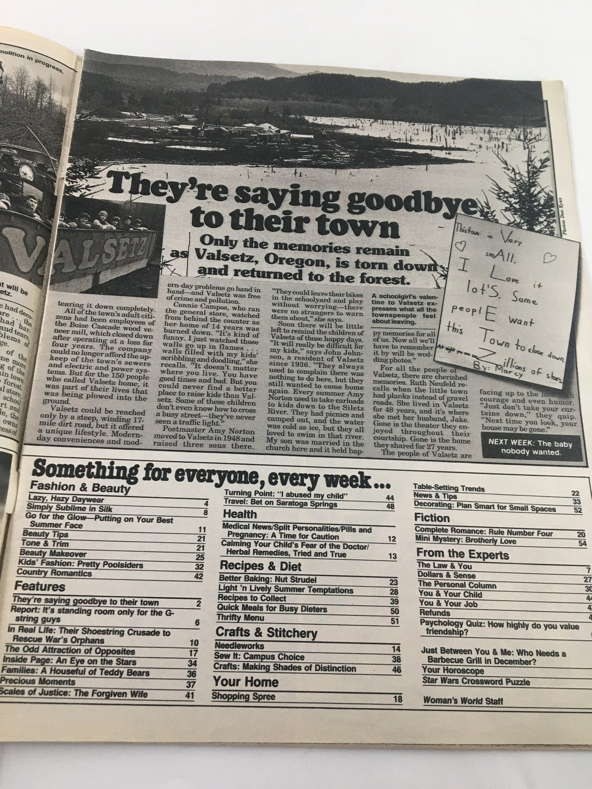 Page from Woman's World Magazine June 26 1984 displaying an article titled 'They're saying goodbye to their town' about Valsetz, Oregon. The layout includes text discussing the memories of the town and its struggles, with images of the town and a note expressing sentiments about it.