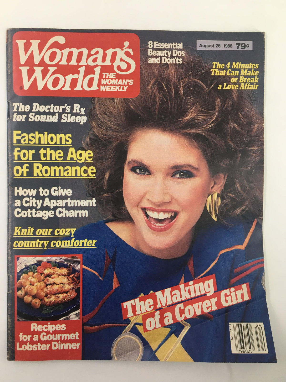 Cover of Woman's World Magazine from August 26, 1986, featuring the headline 'The Making of a Cover Girl', with vibrant graphics and a smiling model showcasing 1980s fashion styles.
