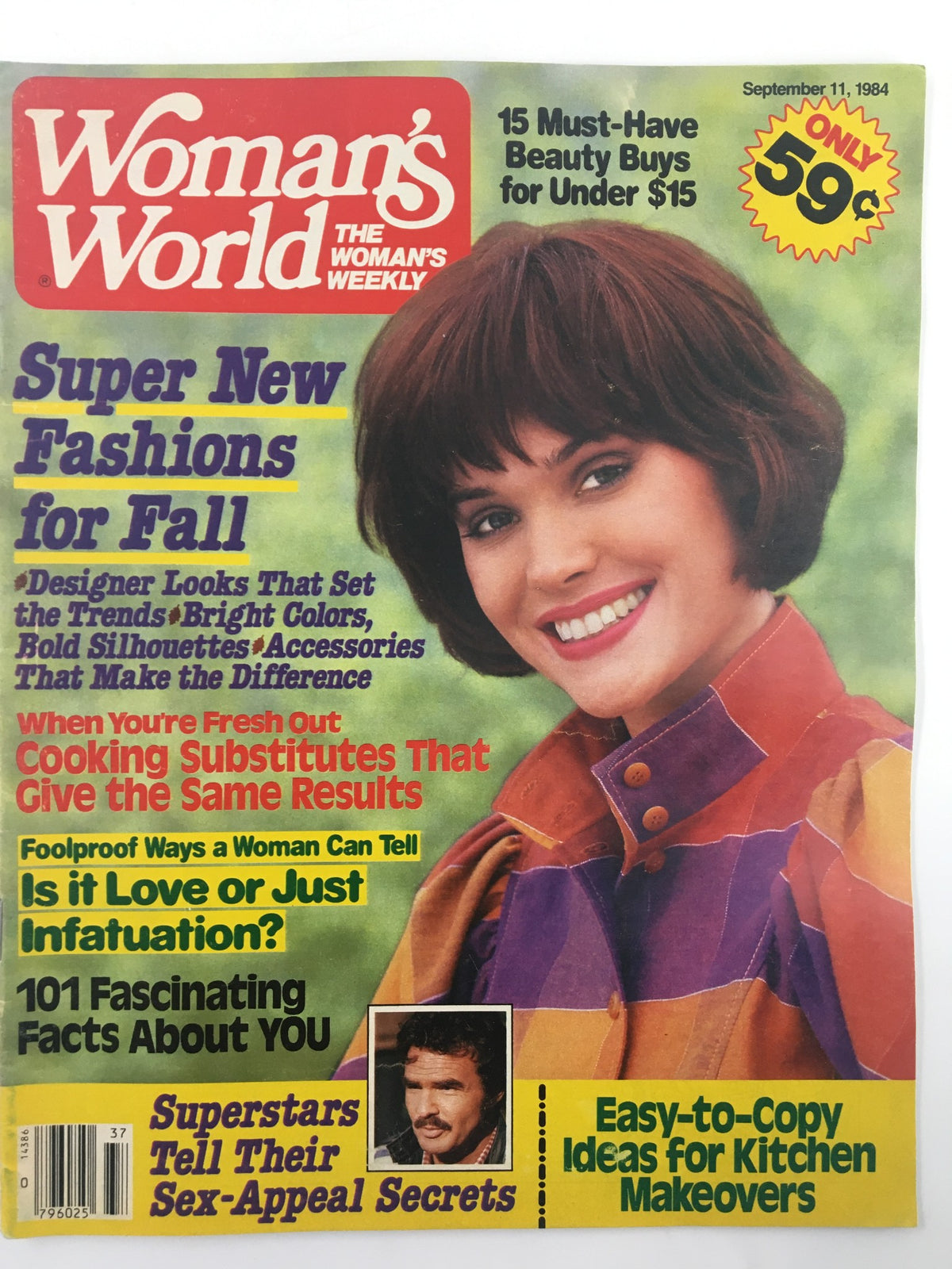 Cover of Woman's World Magazine September 11, 1984 featuring the title 'Is It Love or Just Infatuation?', showcasing a woman with short hair in colorful fashion design. Highlights include articles on fall fashion, cooking substitutes, and beauty tips.