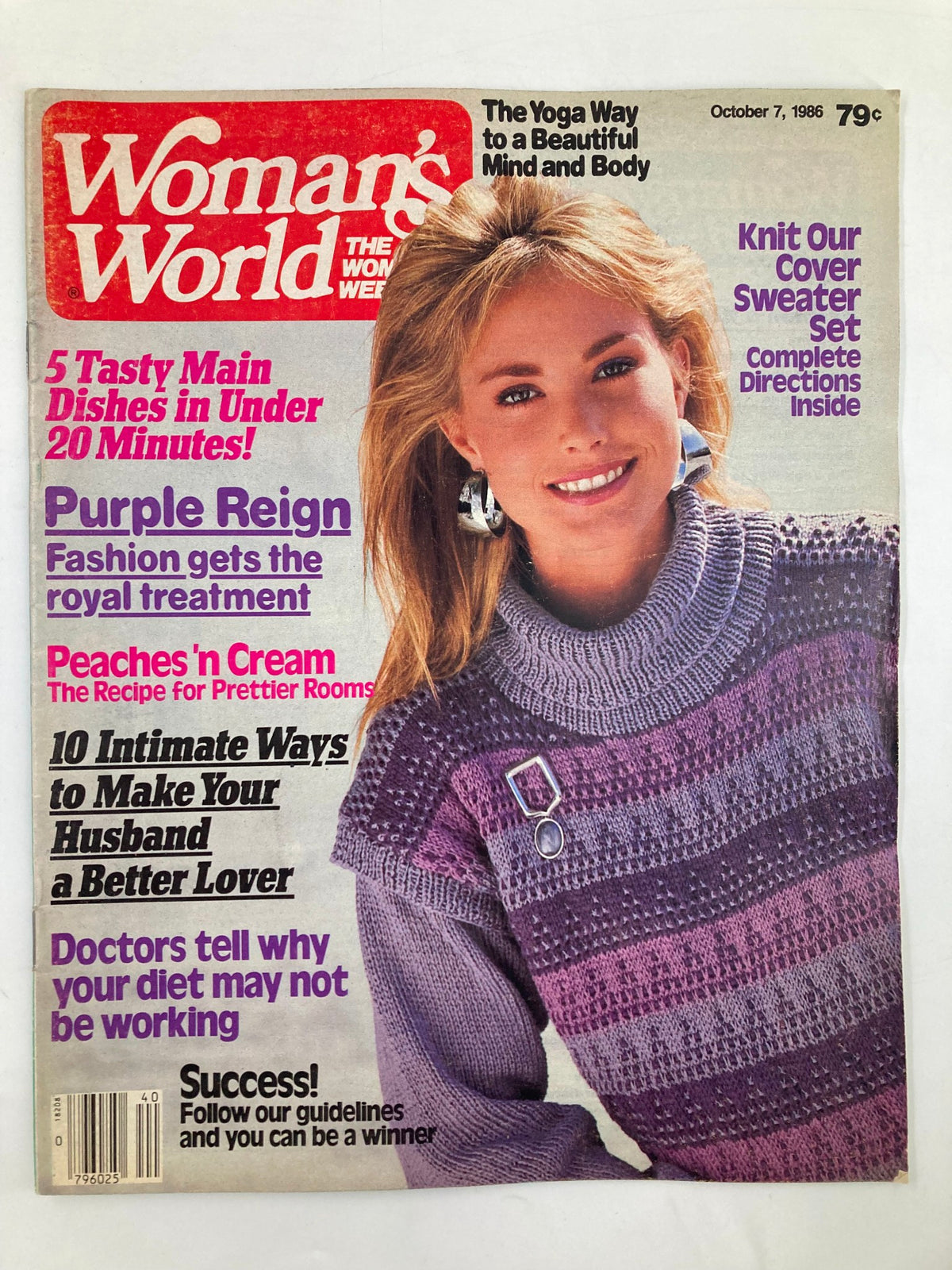 Cover of Woman's World Magazine October 7 1986 featuring the headline 'Peaches n' Cream The Recipe No Label' with a model wearing a colorful knitted sweater alongside articles on cooking, beauty, and lifestyle.