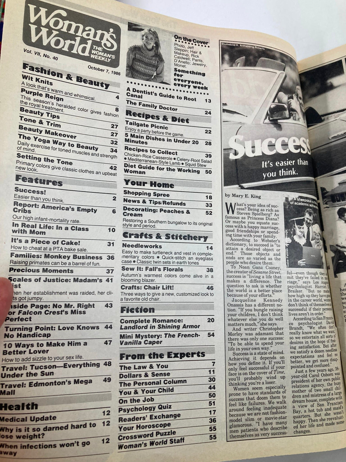 Interior page of Woman's World Magazine October 7 1986 displaying the table of contents with sections on fashion, diet recipes, health tips, and personal stories.