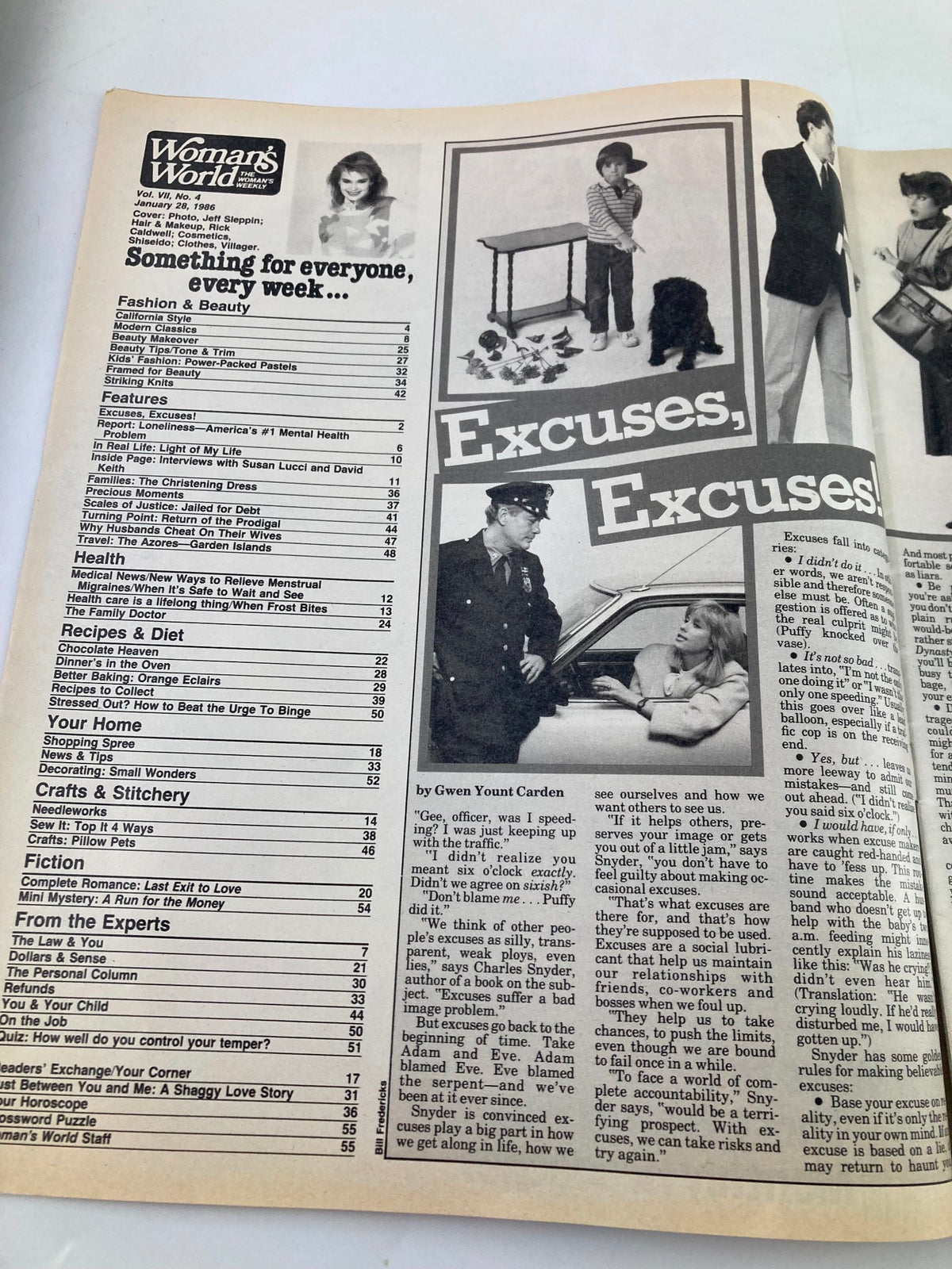 Inside spread of Woman's World Magazine, January 28, 1986, showing contents and article titled 'Excuses, Excuses!' discussing various topics on mental health and relationships.