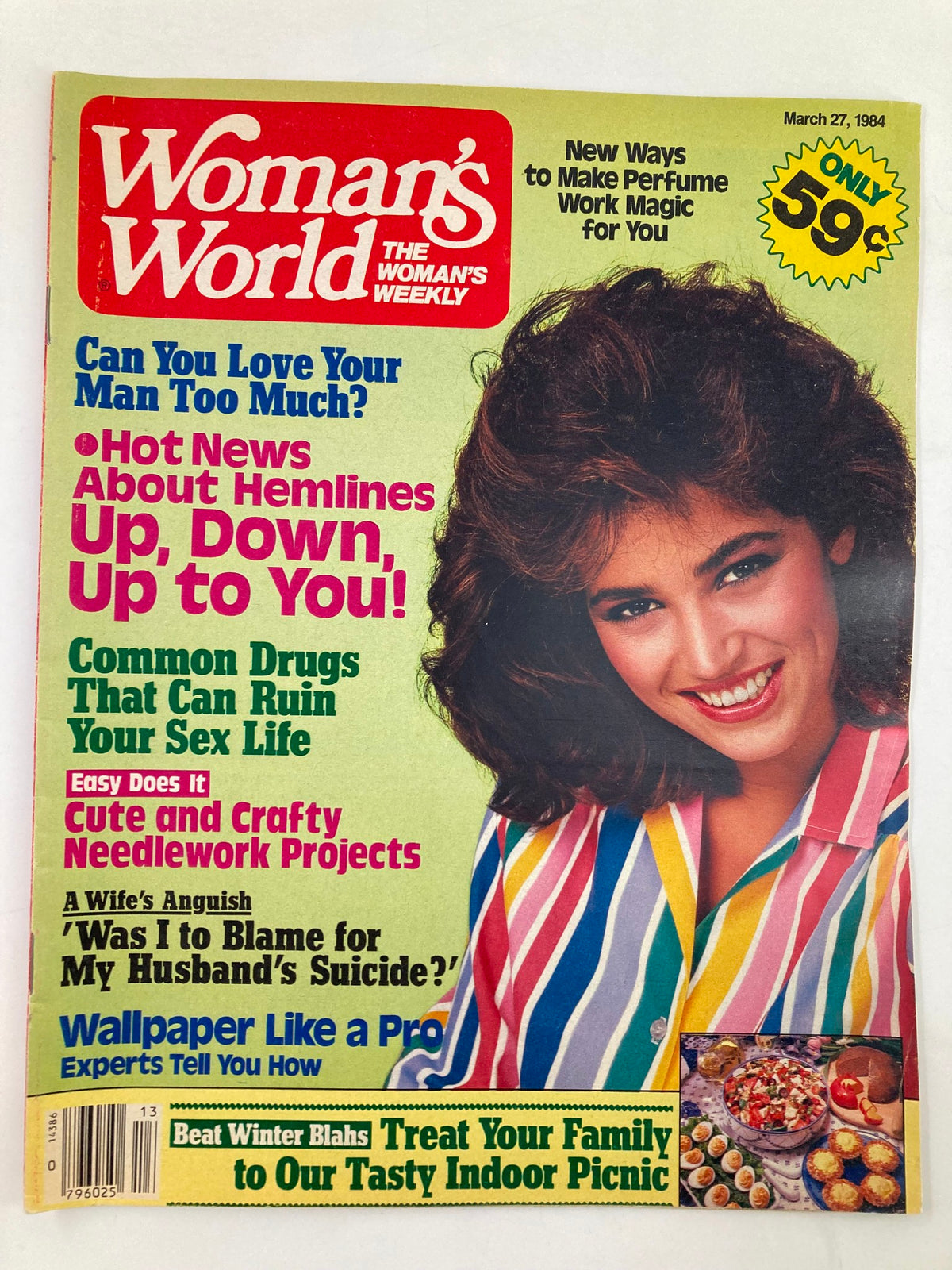 Cover of Woman's World Magazine March 27, 1984 featuring colorful needlework projects, fashion tips, and articles, showcasing vintage styles and lifestyle trends of the 1980s.