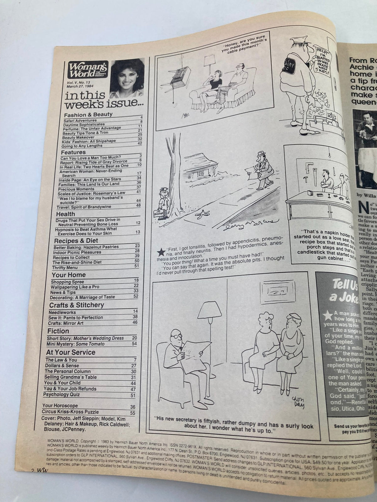 Inside page of Woman's World Magazine March 27, 1984 displaying contents and features including crafts, fashion, health tips, and humorous illustrations, reflecting the era's creative pursuits.