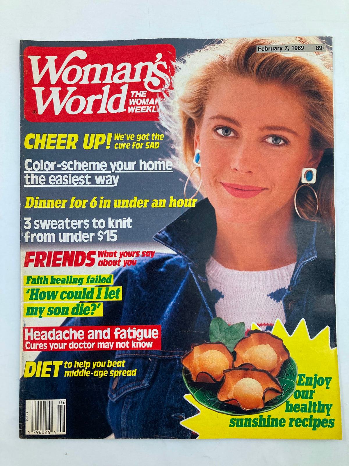 Cover of Woman's World Magazine February 7 1989 featuring a woman with blonde hair and blue earrings, highlighting articles on headaches and fatigue cures, fashion, easy dinner ideas, and sunshine recipes.