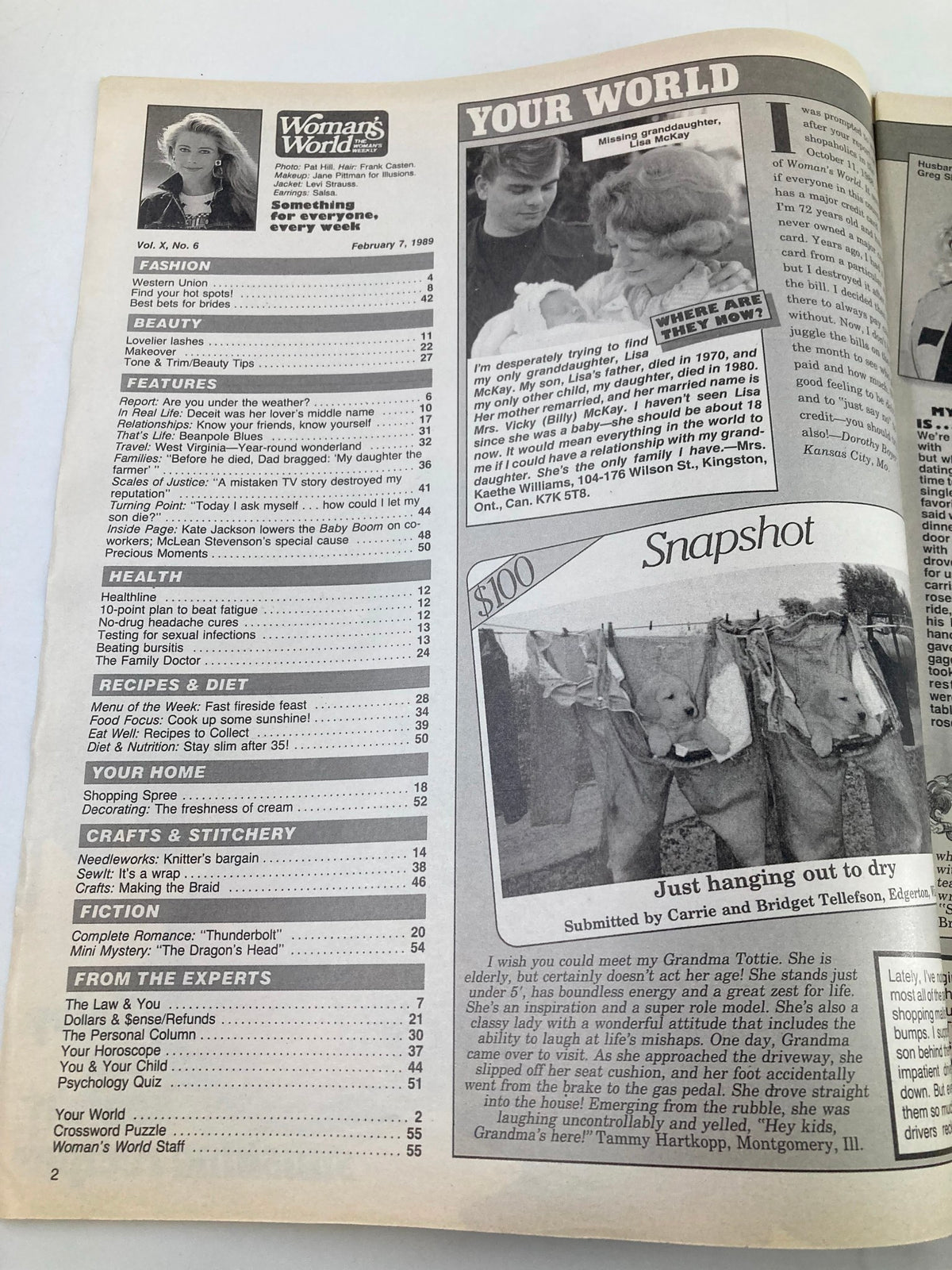 Inside page of Woman's World Magazine February 7 1989 showcasing the table of contents with sections on fashion, beauty, health, and recipes, as well as features and expert columns.