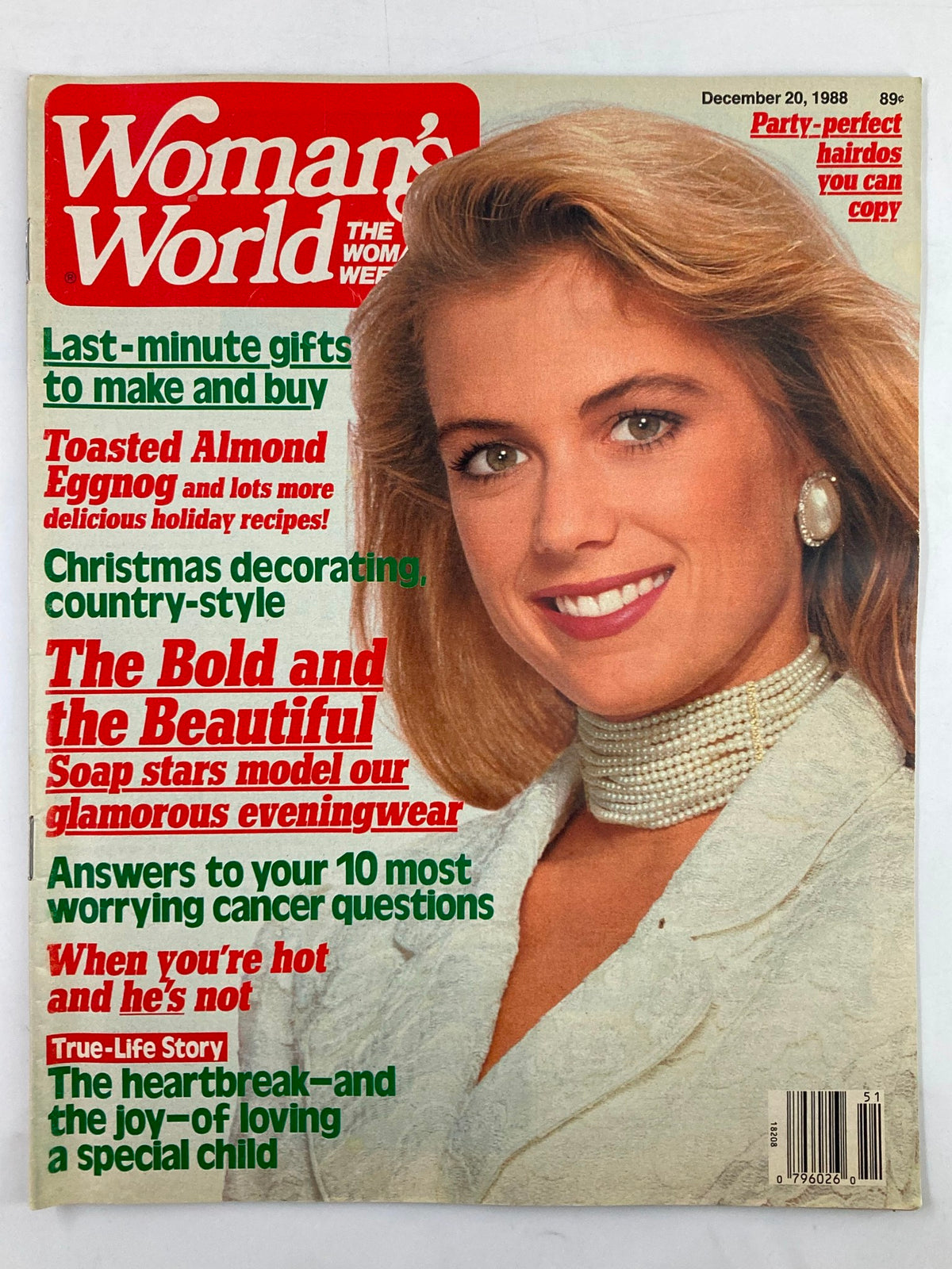 Cover of Woman's World Magazine December 20, 1988, featuring a blonde woman with pearls, headlines about holiday ideas and 'The Bold and The Beautiful' soap opera.