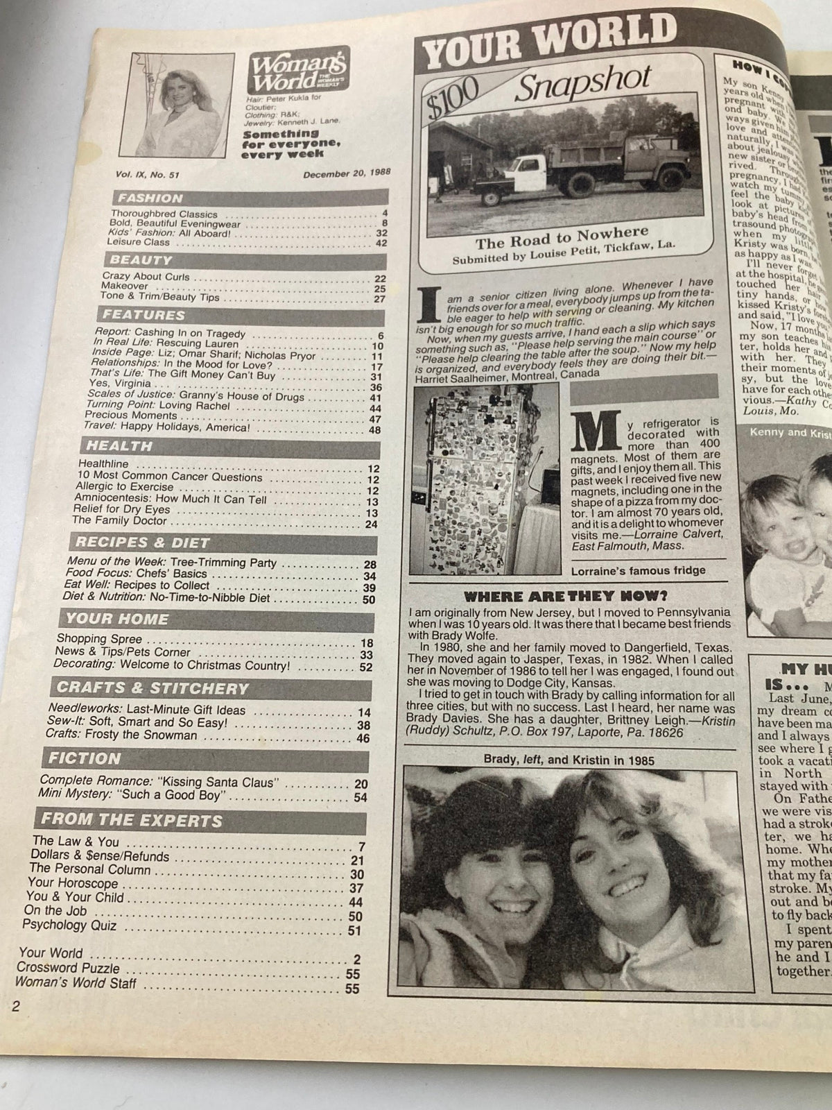 Inside page of Woman's World Magazine December 20, 1988, displaying the table of contents including sections on fashion, health, and features from the popular vintage magazine.