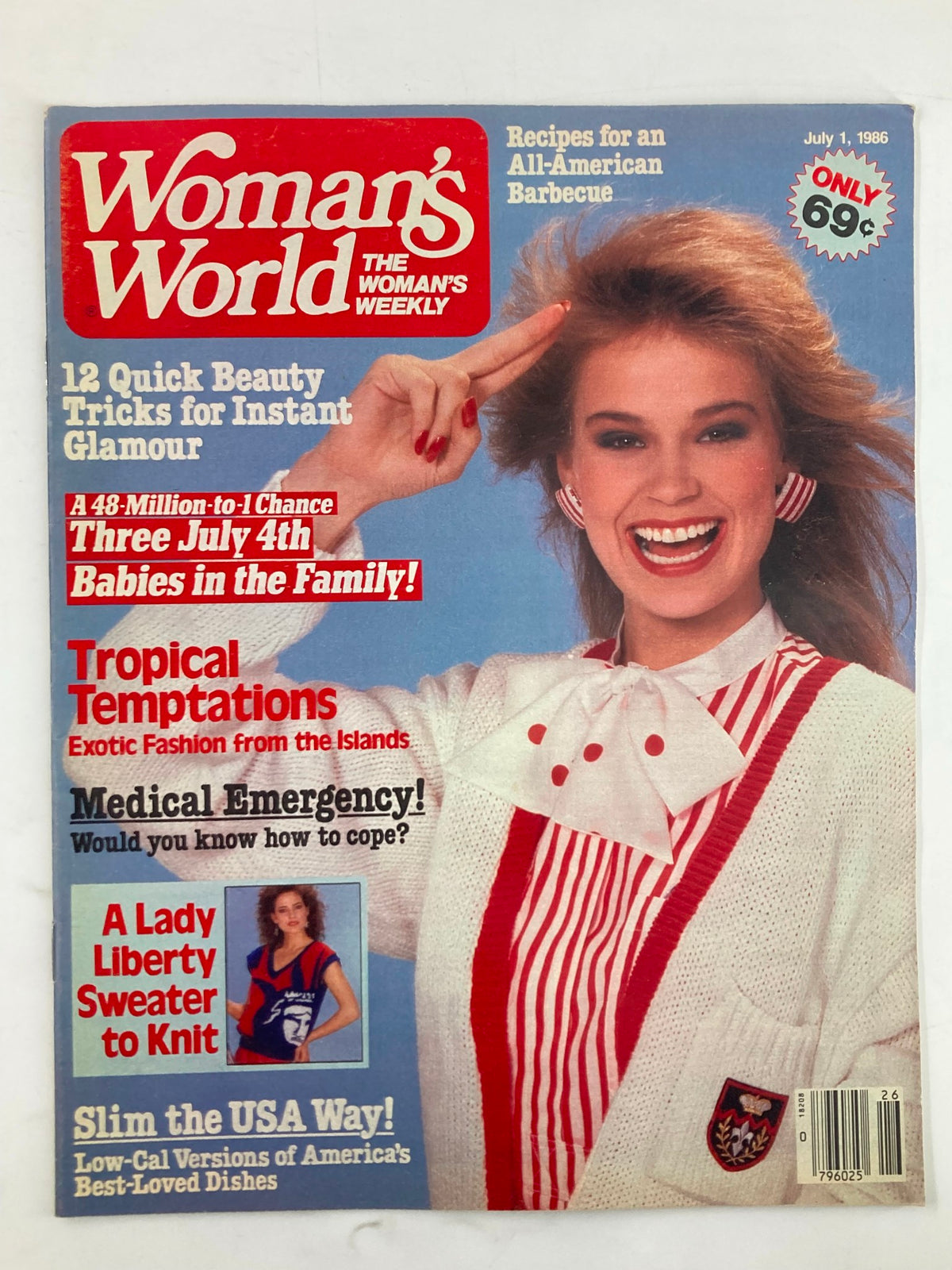 Cover of Woman's World Magazine from July 1, 1986 featuring a cheerful model in a stylish outfit, promoting articles including 'A Lady Liberty Sweater to Knit.'