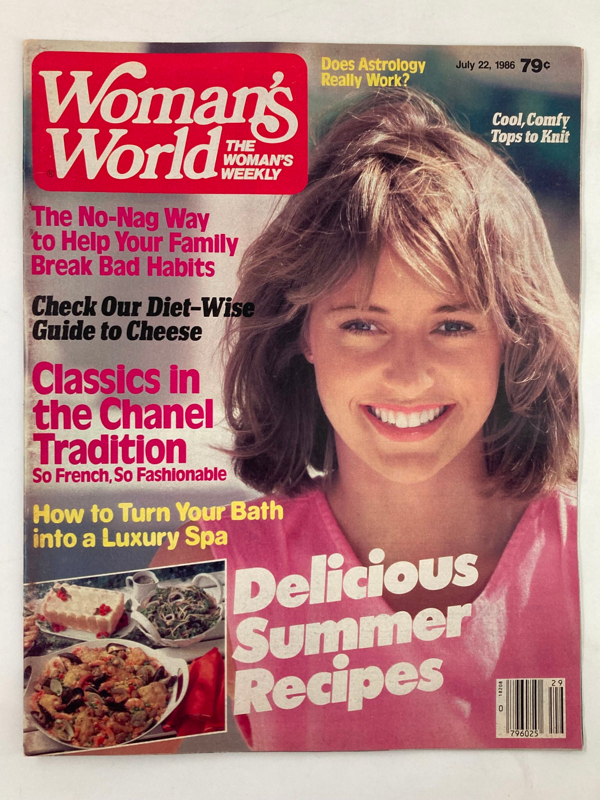 Cover of Woman's World Magazine July 22 1986 featuring a smiling woman, articles on breaking bad habits, Chanel fashion tradition, summer recipes, and knitting tips.