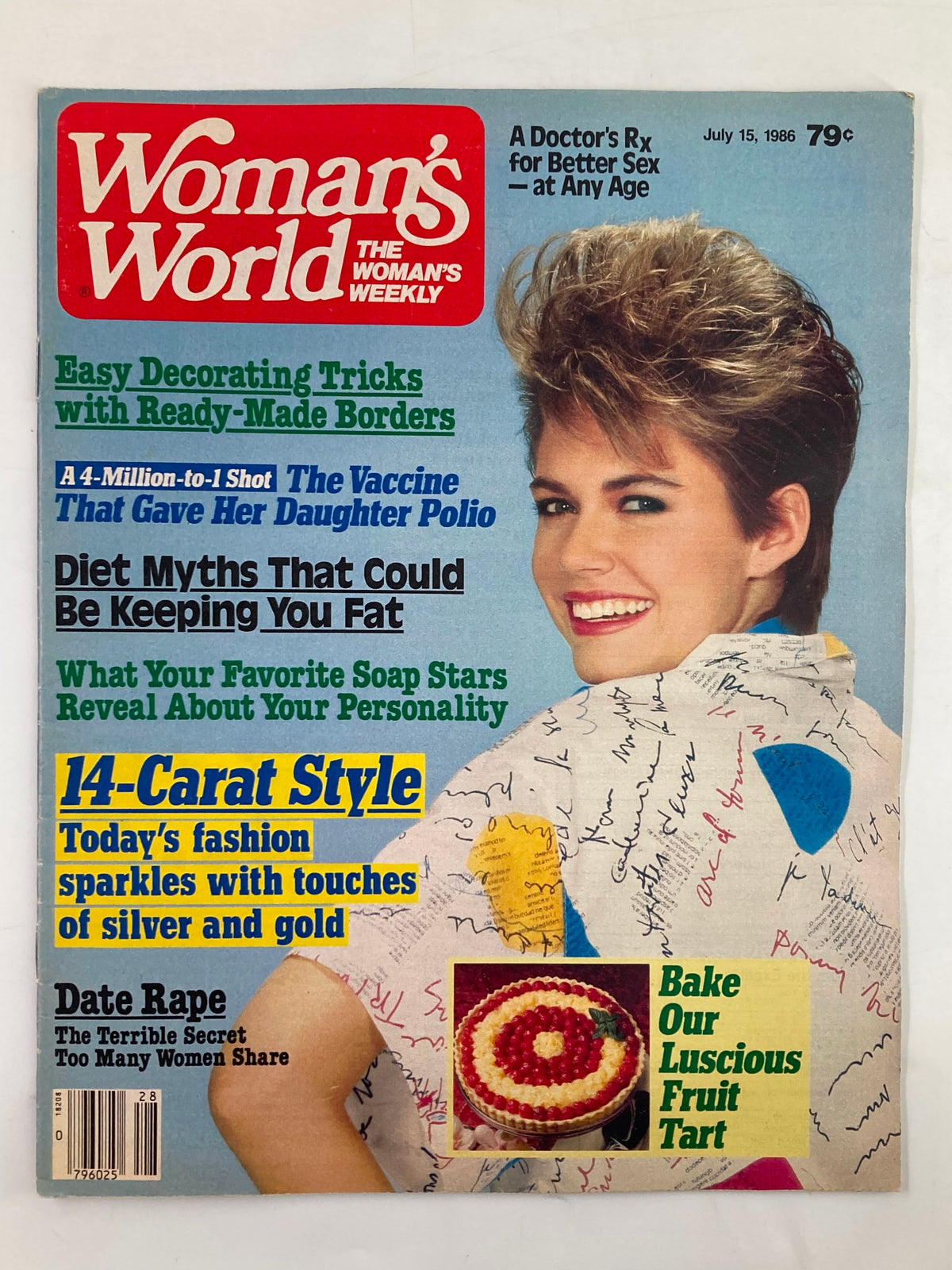 Front cover of Woman's World Magazine, July 15, 1986, featuring articles on easy decorating tricks, diet myths, and a 14-carat style section, with a model sporting a trendy hairstyle.