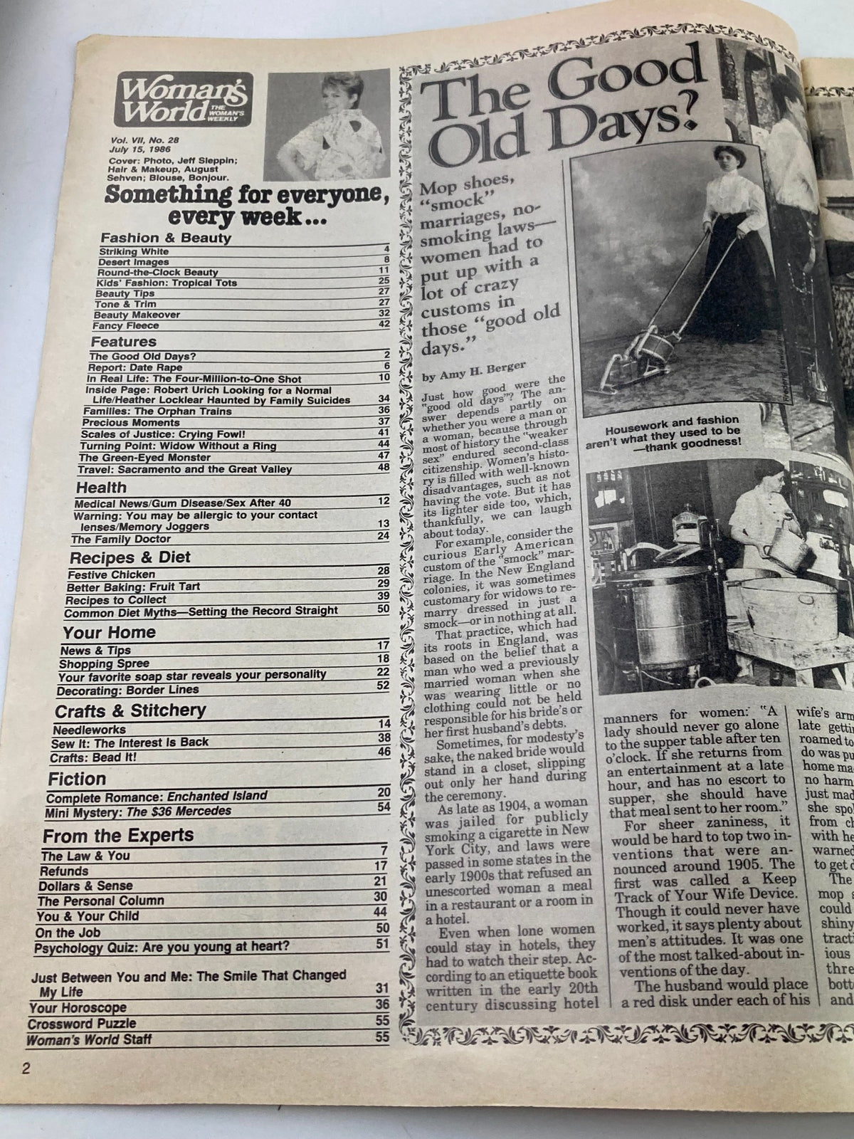 Table of contents from Woman's World Magazine, July 15, 1986, listing features on fashion, health, home, and recipes, showcasing the magazine's diverse topics.