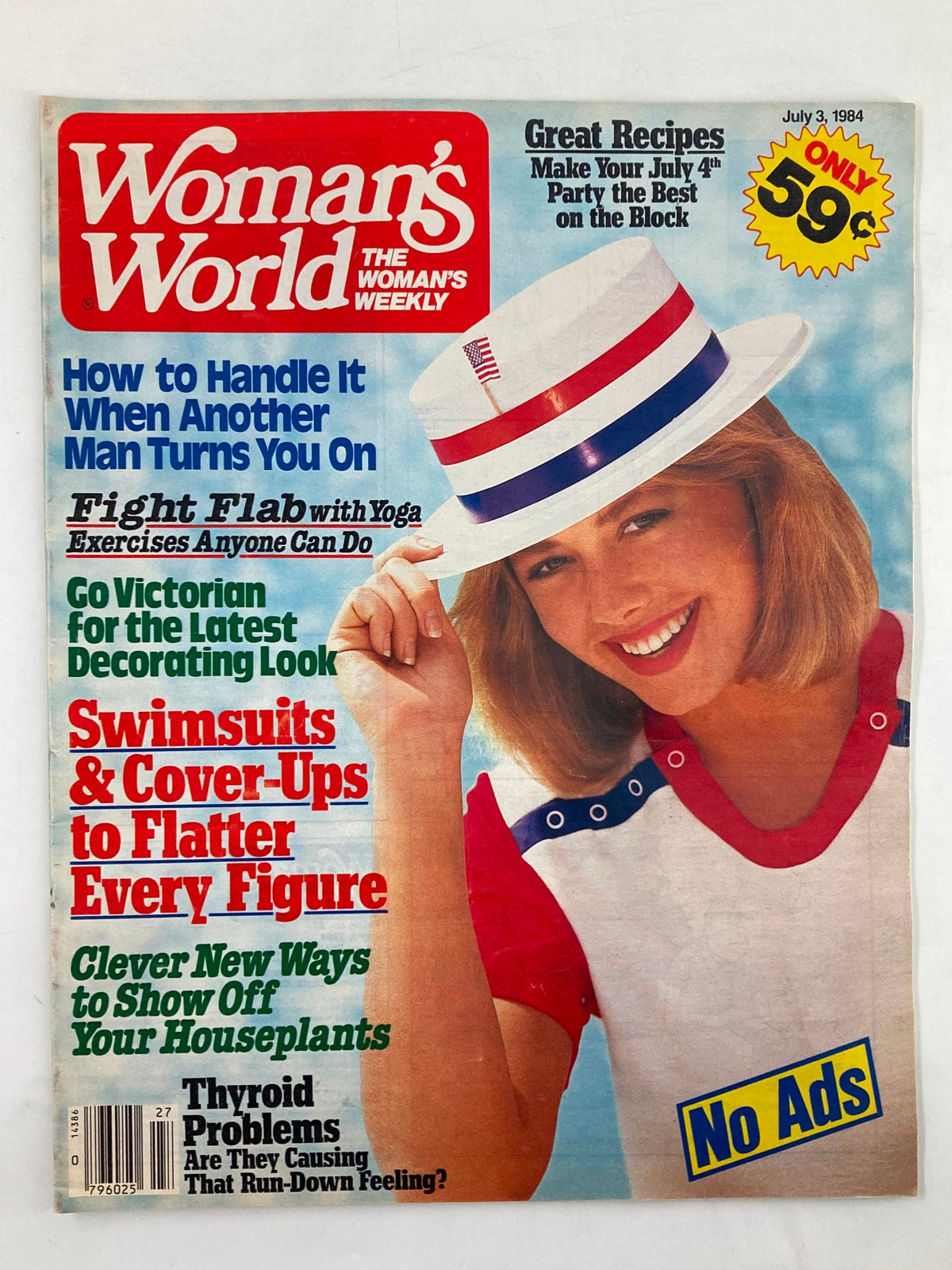 Cover of Woman's World Magazine from July 3, 1984, featuring articles on thyroid problems, summer recipes, and health tips, with a smiling woman wearing a white hat and a red and white shirt.