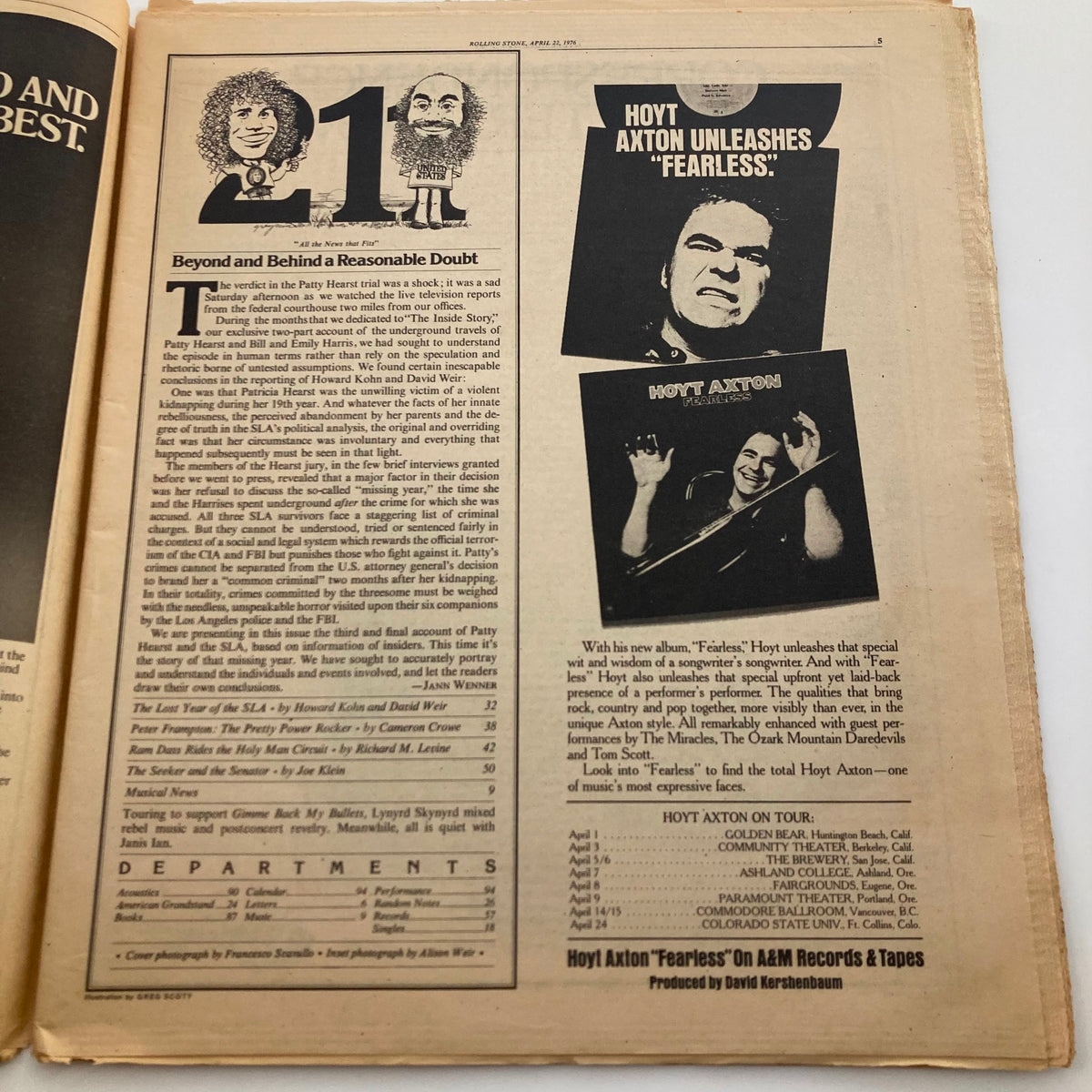Inside page of Rolling Stone Magazine April 22 1976 No. 211 showcasing detailed articles and analysis, including a piece on the Patty Hearst case.