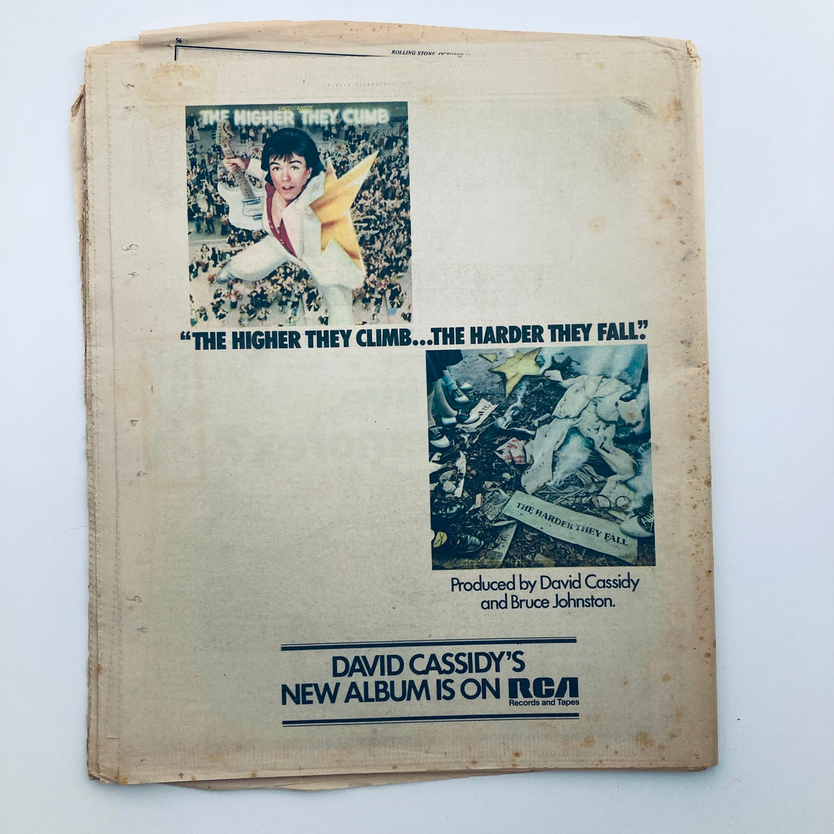 Back cover of VTG Rolling Stone Magazine October 23, 1975, No. 198 featuring advertisement for David Cassidy's album with colorful graphics and engaging text.