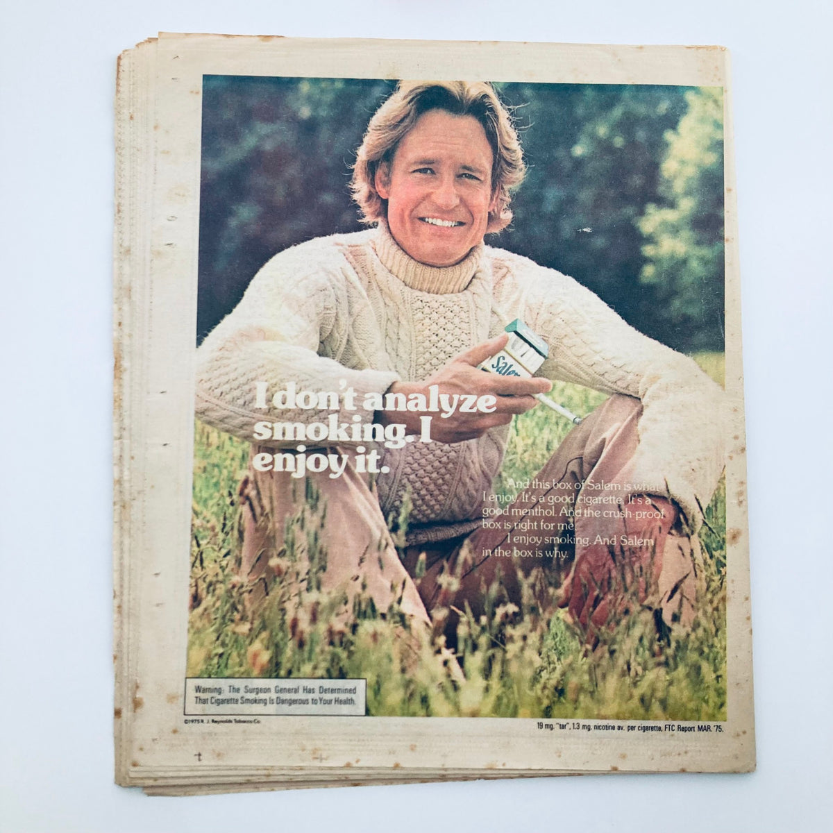Back cover of VTG Rolling Stone Magazine October 9 1975 No. 197 featuring a vintage advertisement with a smiling man promoting Salem cigarettes.