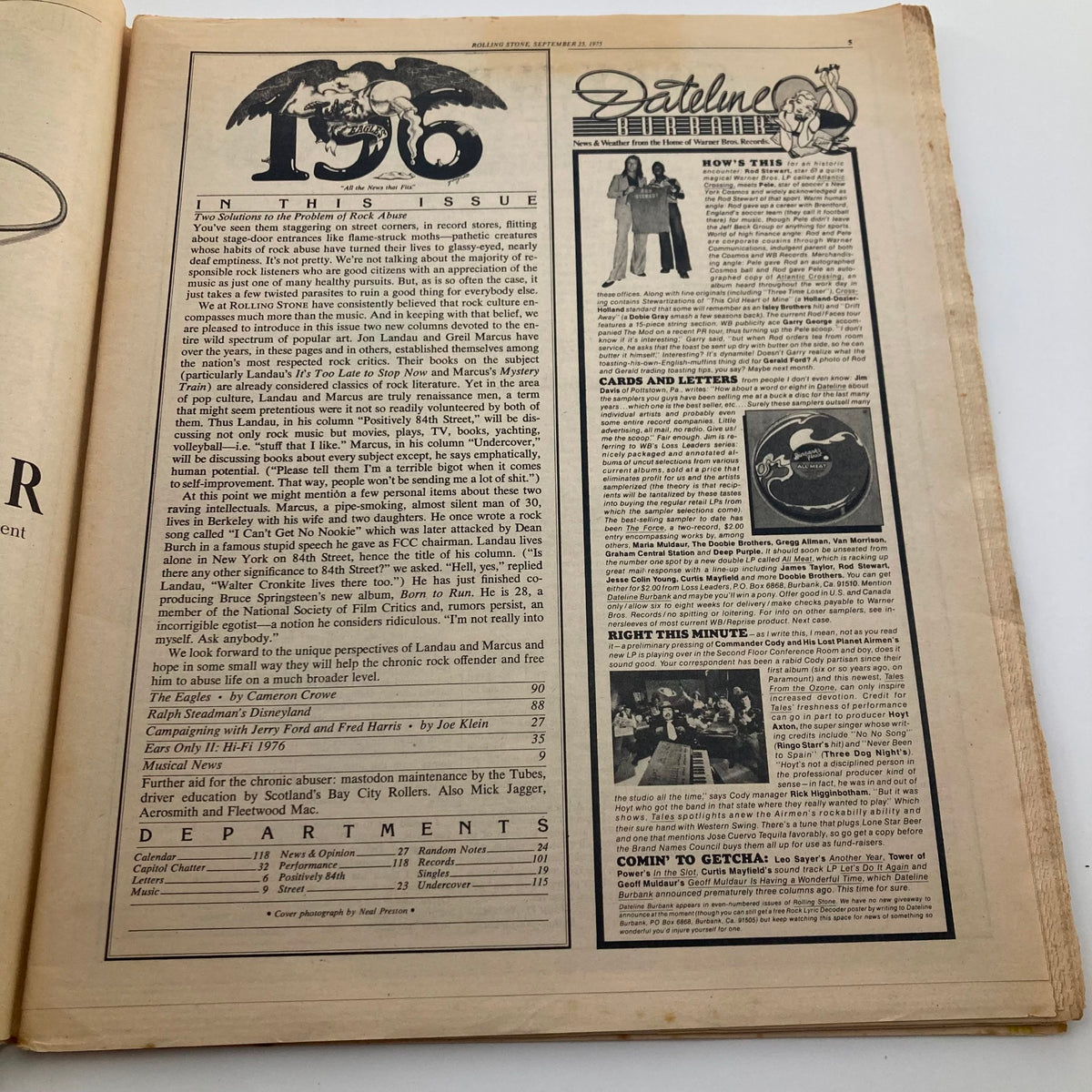 Interior page of Vintage Rolling Stone Magazine September 25 1975 No. 196 The Eagles, featuring articles and sections including Dateline and department listings.