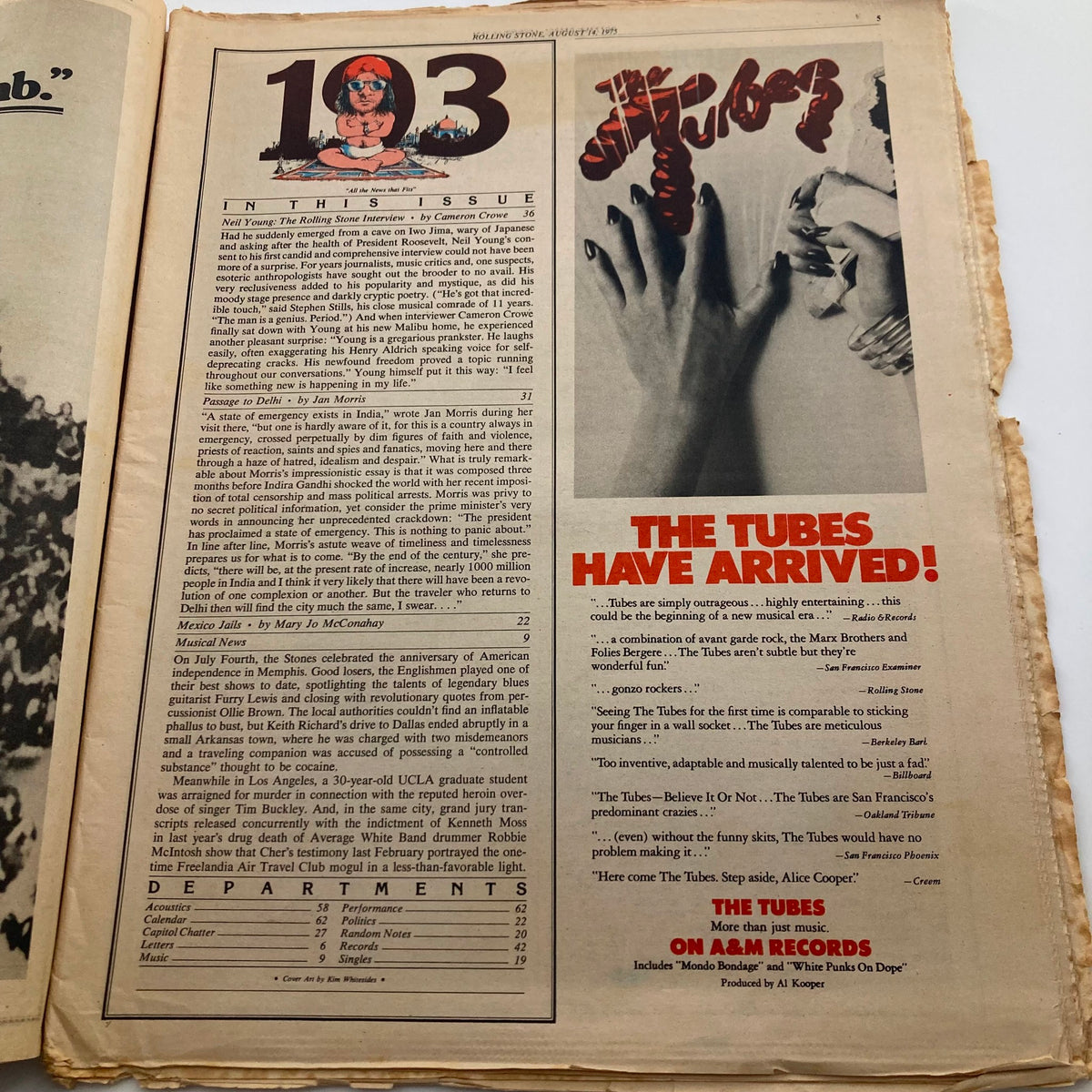 Inside page of Rolling Stone Magazine dated August 14, 1975, Issue No. 193, detailing featured articles including an interview with Neil Young and showcasing The Tubes, with a retro layout and design.