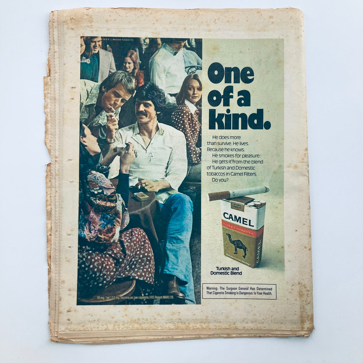 Vintage Rolling Stone Magazine cover from August 14, 1975, Issue No. 193 featuring Tim Buckley, showcasing an advertisement for Camel cigarettes with a group of people socializing, highlighting a moment in 1970s music history.