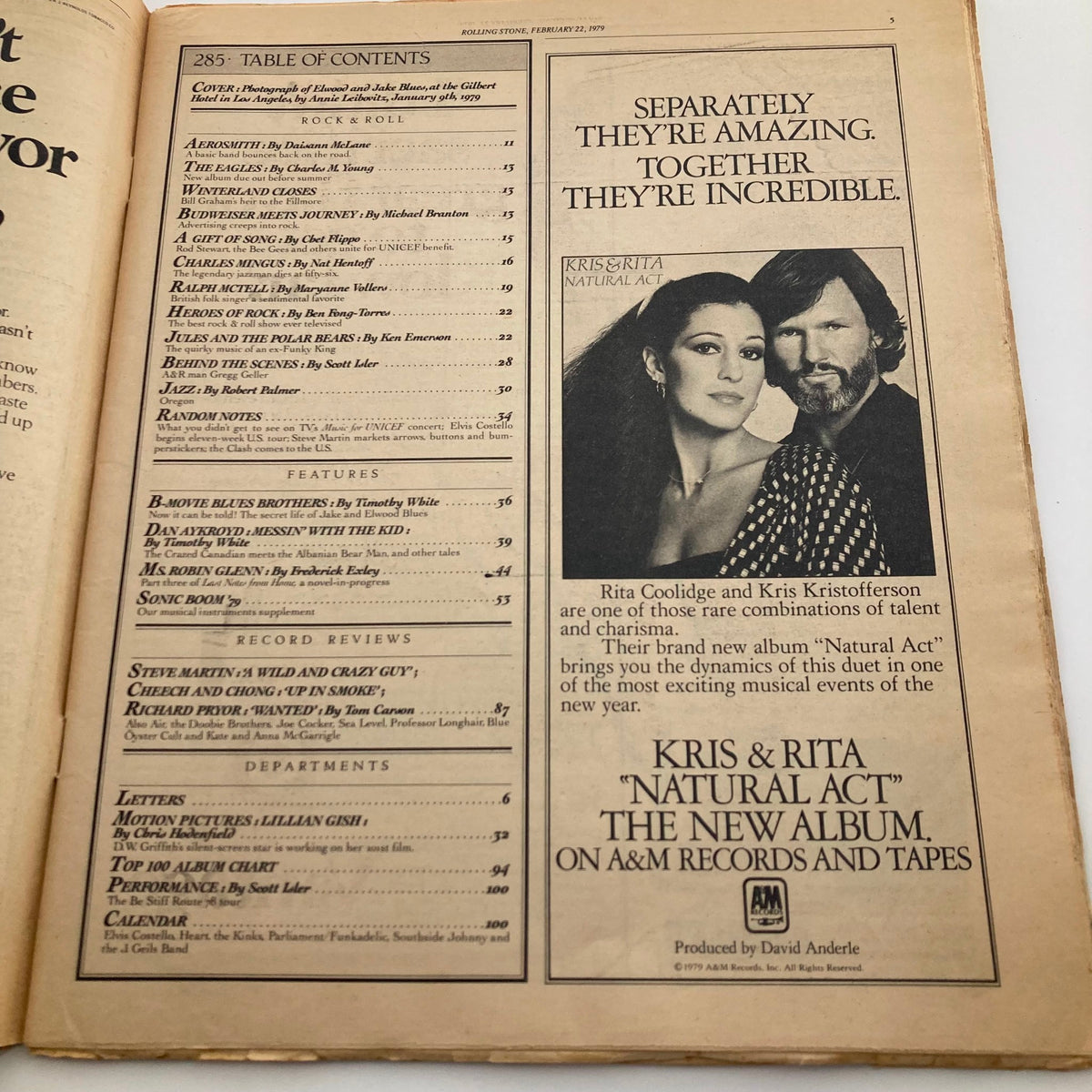 Inside page of the VTG Rolling Stone Magazine February 22 1979 No. 285, displaying the table of contents including features and highlights from the issue.