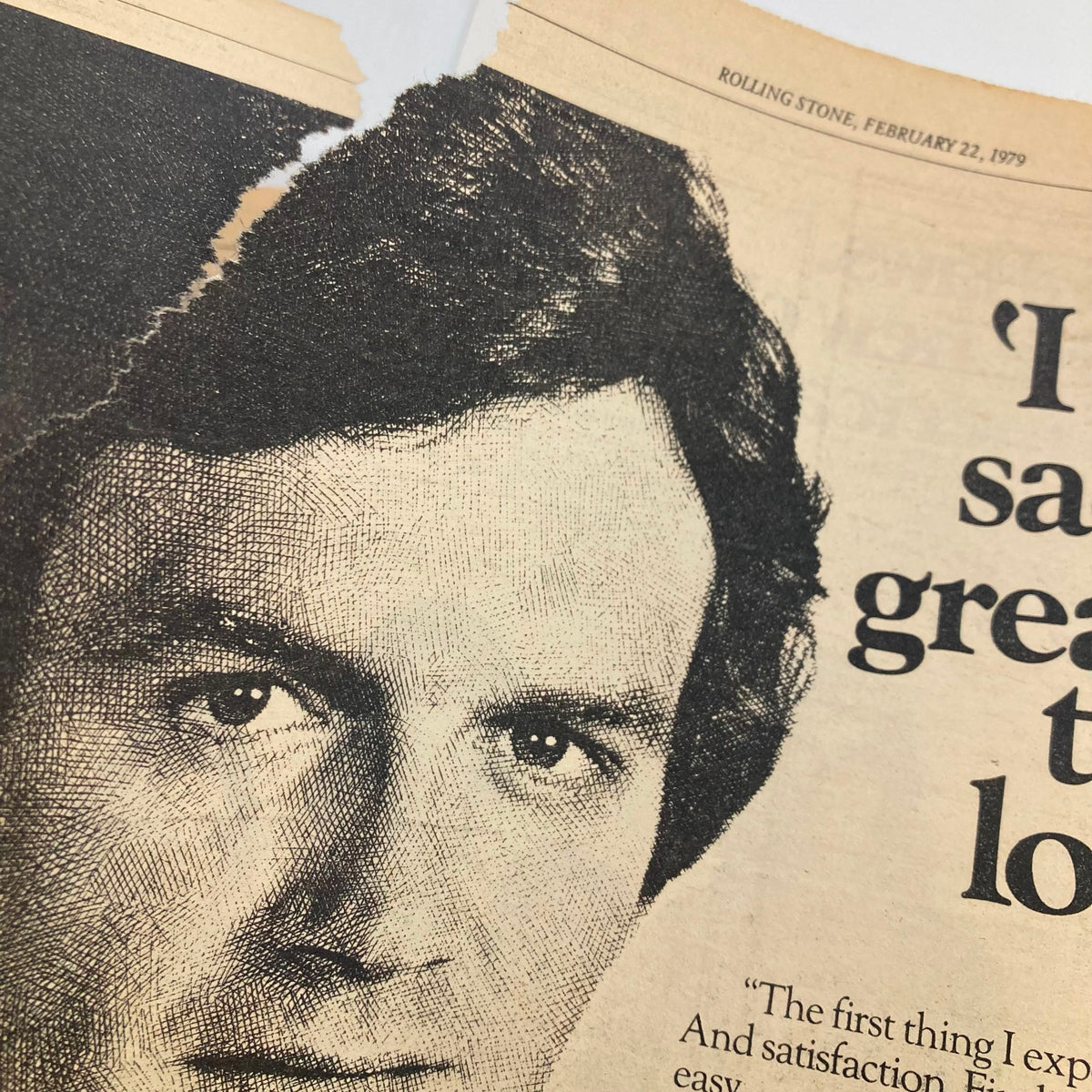 Close-up of an article from the VTG Rolling Stone Magazine February 22 1979 No. 285, showing text with a visible tear and a portrait of a musician.