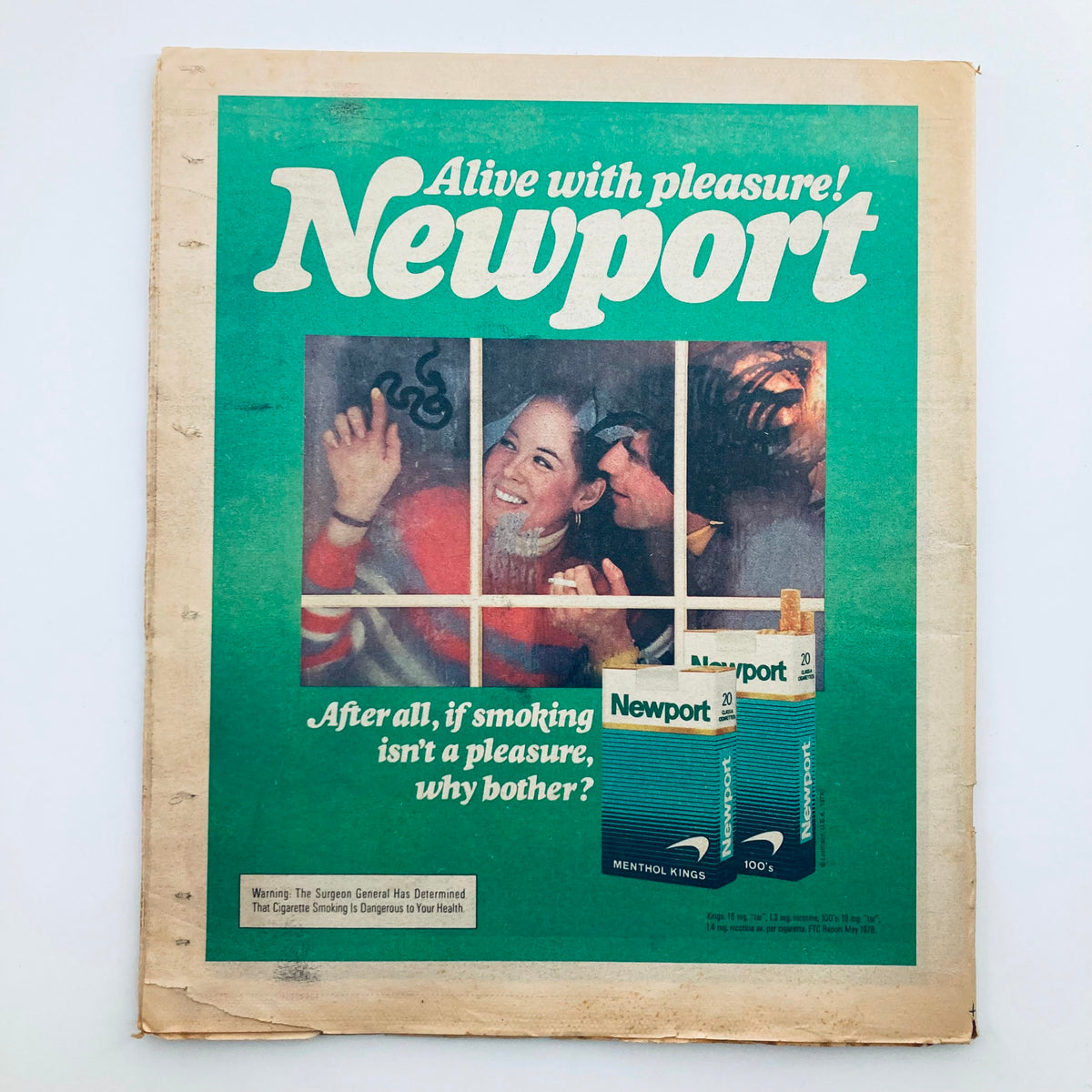 Cover of a vintage Newport cigarette advertisement featuring the title 'Alive with pleasure! Newport'. The ad includes a playful scene with people enjoying themselves, emphasizing the slogan 'After all, if smoking isn't a pleasure, why bother?'. This image relates to the VTG Rolling Stone Magazine February 22 1979 No. 285 The Blues Brothers.