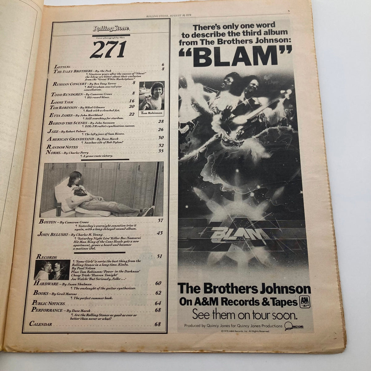 Interior page from the VTG Rolling Stone Magazine August 10 1978, showcasing the table of contents including features like John Belushi and articles on music and pop culture.