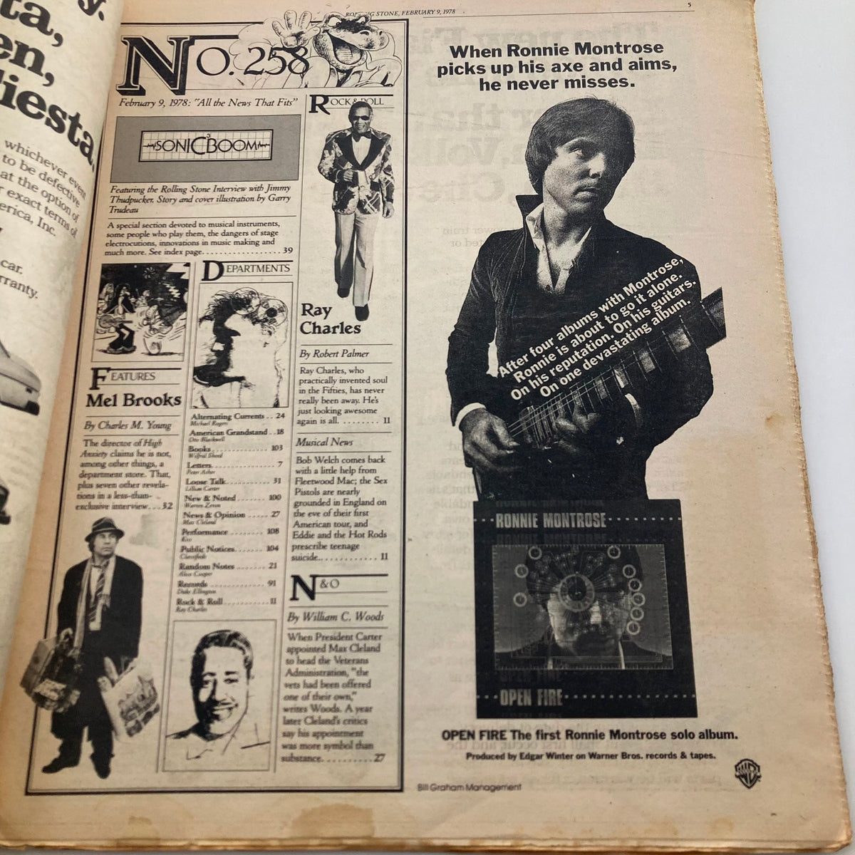 Interior page of Rolling Stone Magazine No. 258 from February 9, 1978, highlighting Ronnie Montrose, with features on music and cultural commentary.