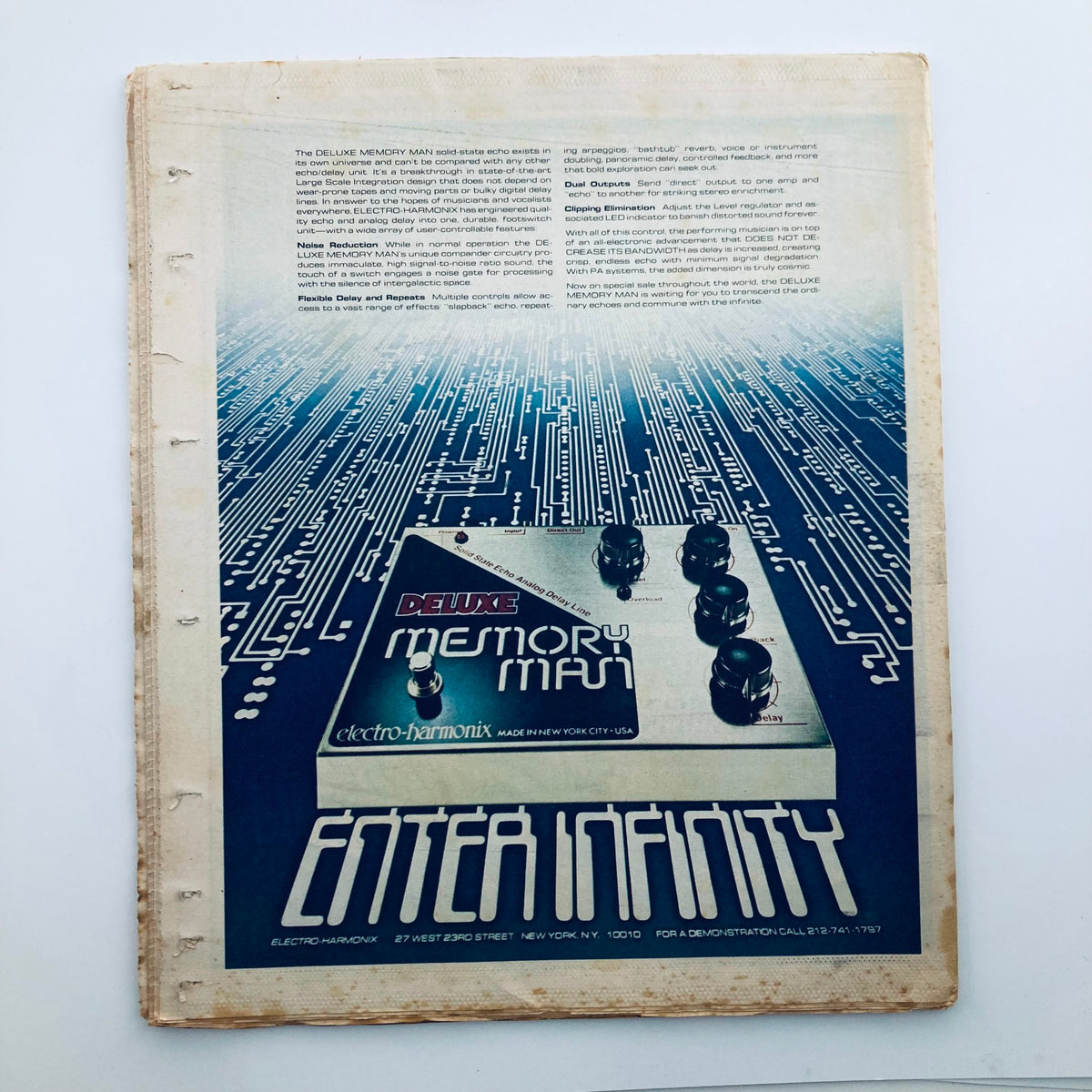 Back cover of Rolling Stone Magazine No. 258 from February 9, 1978, advertising the Deluxe Memory Man by Electro-Harmonix, featuring a visually striking design with technical details.