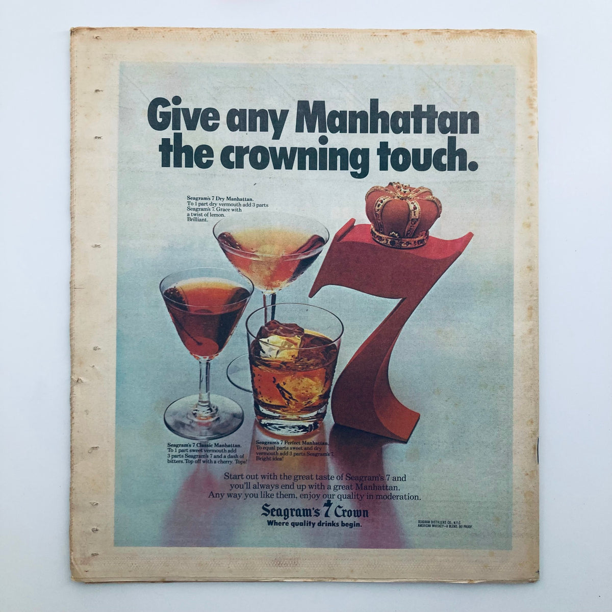 Advertisement page from the November 2, 1978, issue number 277 of Rolling Stone magazine promoting Seagram's 7 Crown whiskey, set against a backdrop of stylish cocktails.