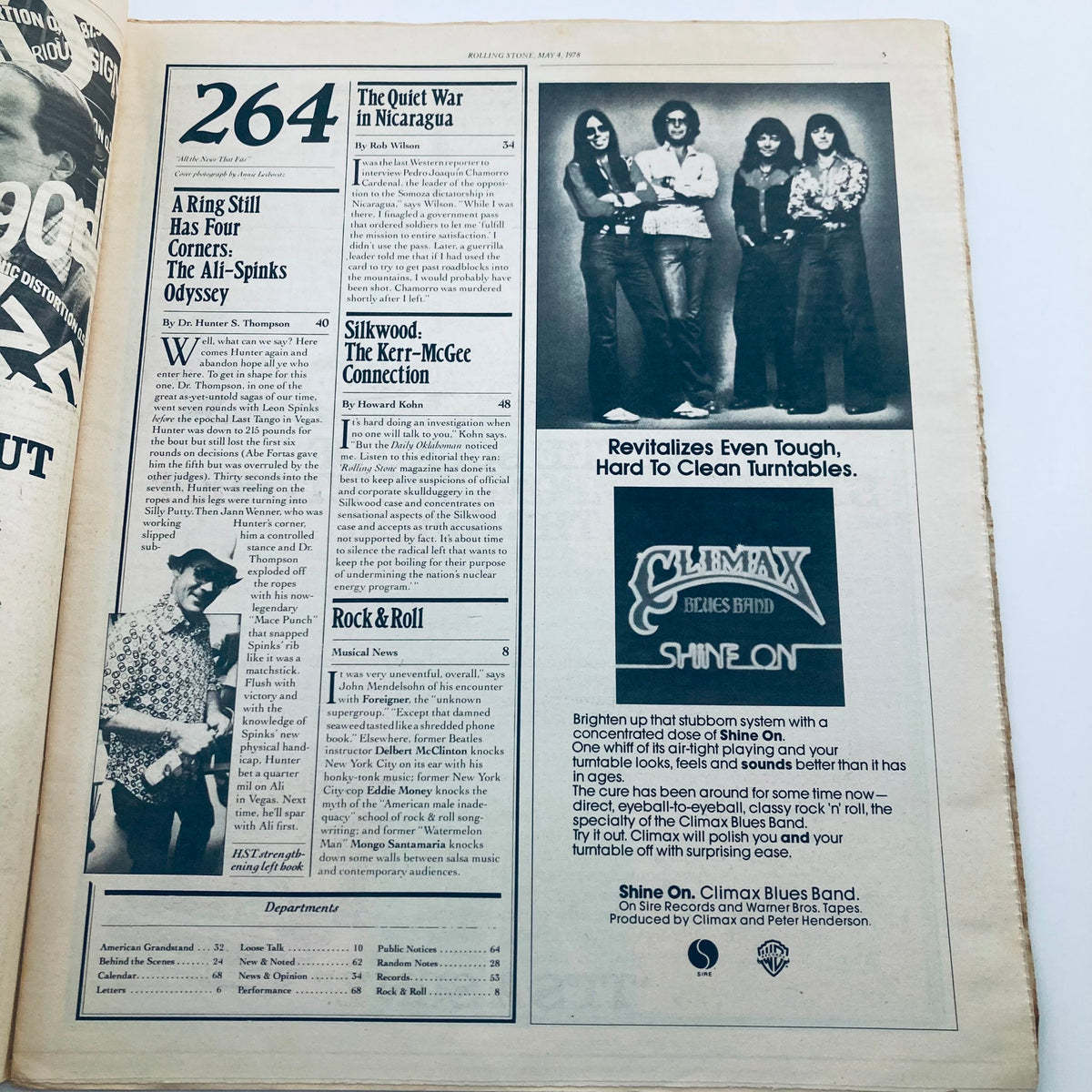 Interior page of VTG Rolling Stone Magazine No. 264 from May 4, 1978. Includes the magazine's table of contents with feature articles, including topics on rock music and cultural commentary, highlighting the magazine's historical significance.