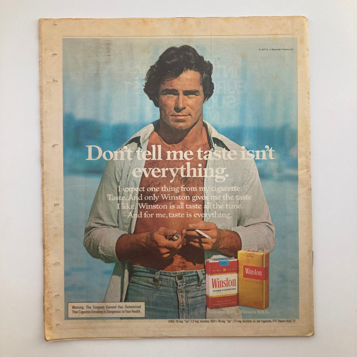 Back cover of VTG Rolling Stone Magazine, May 4, 1978, displaying a Winston cigarette advertisement with a handsome man promoting the brand. This artistic ad reflects the advertising style of the late 1970s.