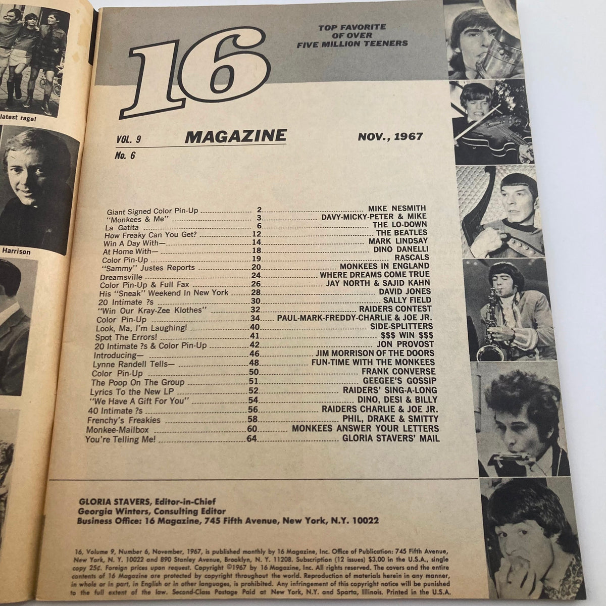 Table of contents page from VTG 16 Magazine November 1967 showcasing articles and features with prominent bands and musicians.