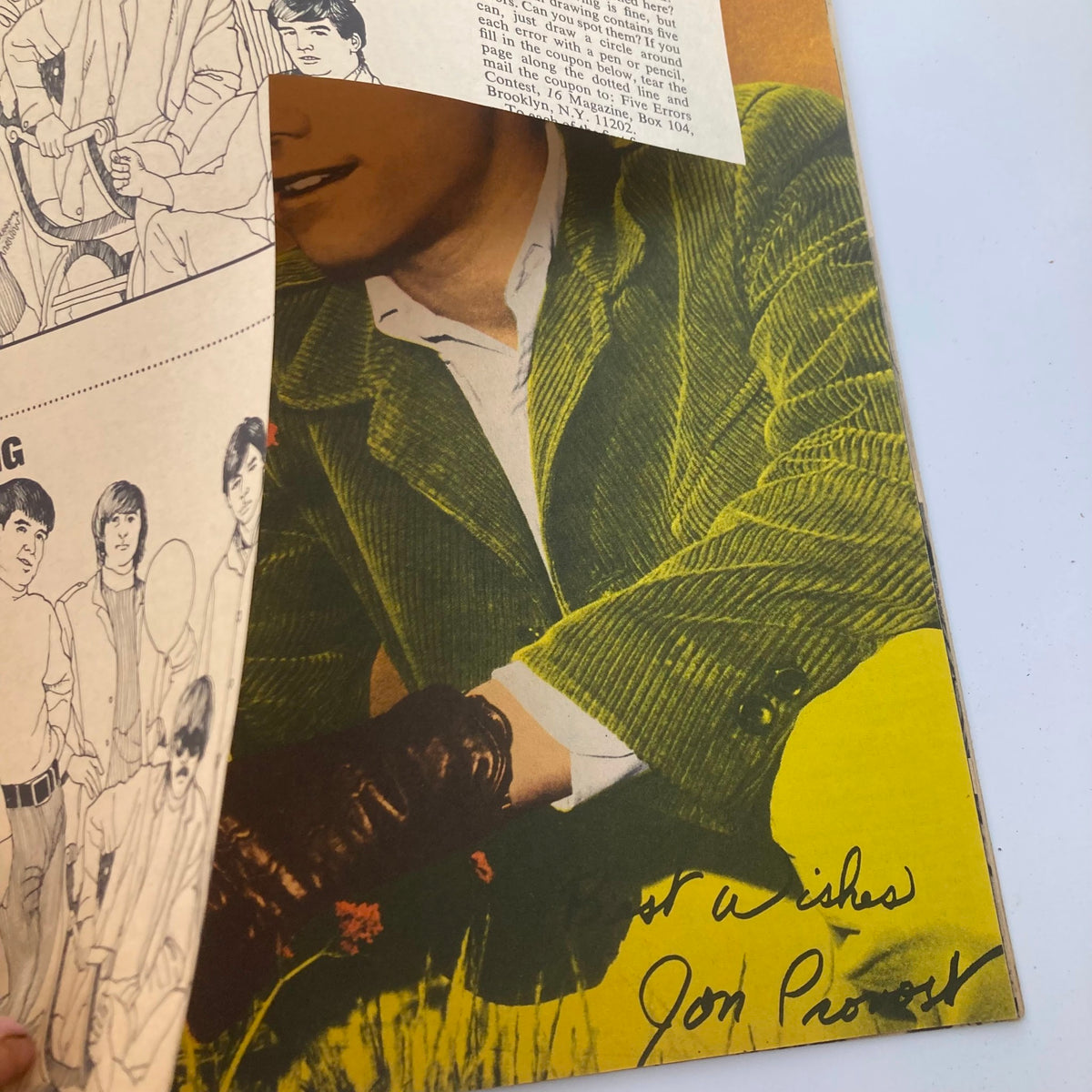 Signature page from VTG 16 Magazine November 1967 featuring handwritten message from Jon Provost with colorful background.