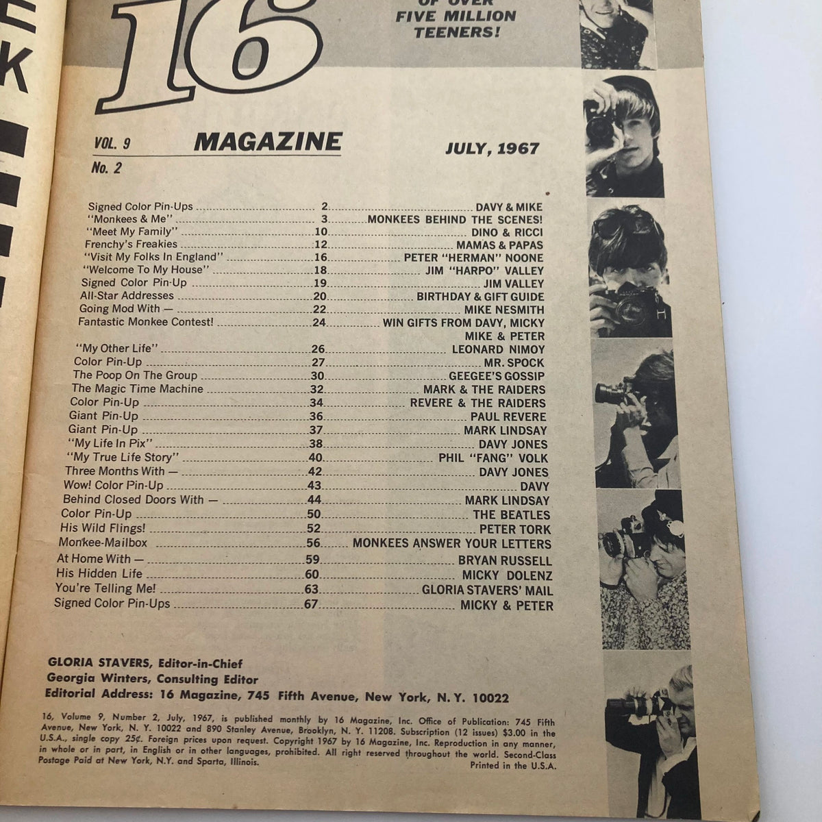 Content page of VTG 16 Magazine July 1967 Vol 9 No. 2 featuring Davy Jones and The Monkees, showcasing articles and pin-up features.