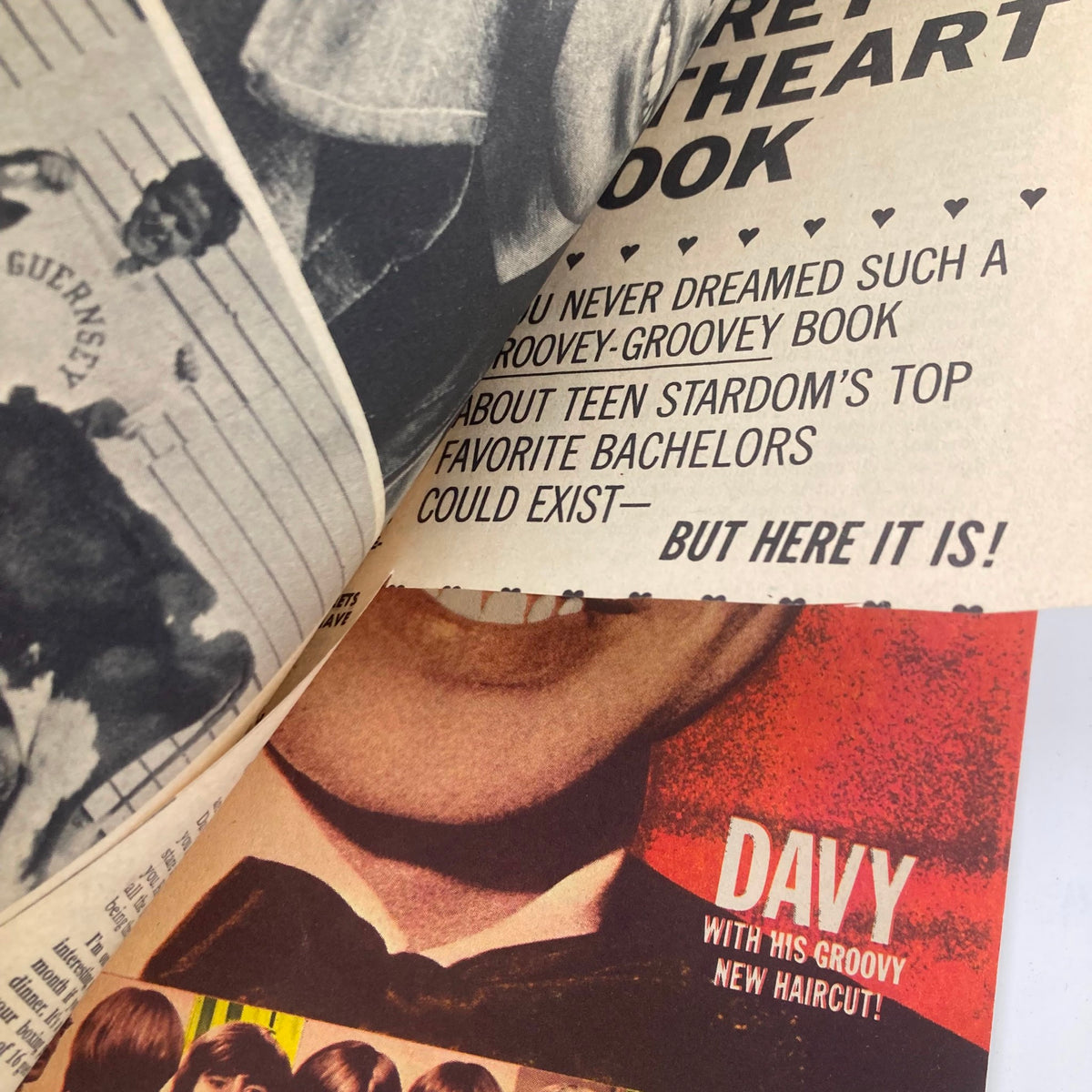 Inside page of VTG 16 Magazine July 1967 Vol 9 No. 2 displaying Davy Jones with text promoting his haircut, reflecting 1960s pop culture.