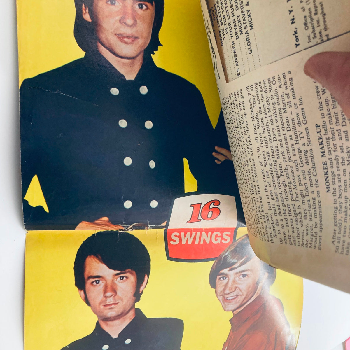 Interior page of VTG 16 Magazine July 1967 Vol 9 No. 2 featuring Davy Jones from The Monkees with vibrant yellow background and vintage style design.
