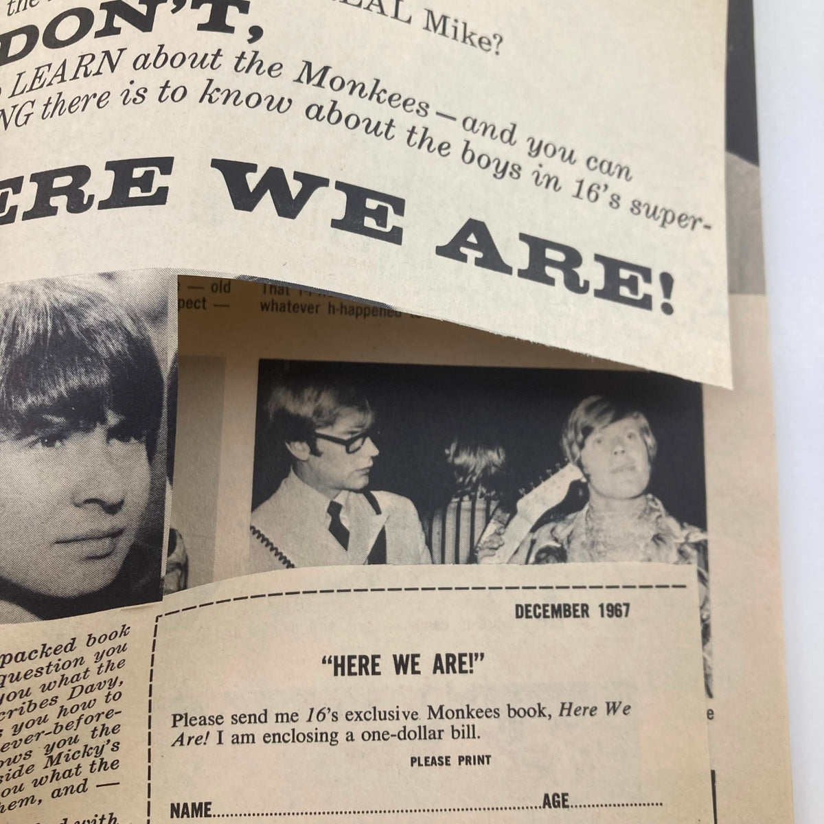 An advertisement page from VTG 16 Magazine December 1967 Vol 9 No. 7 promoting exclusive Monkees book, highlighting pop culture from the 1960s.