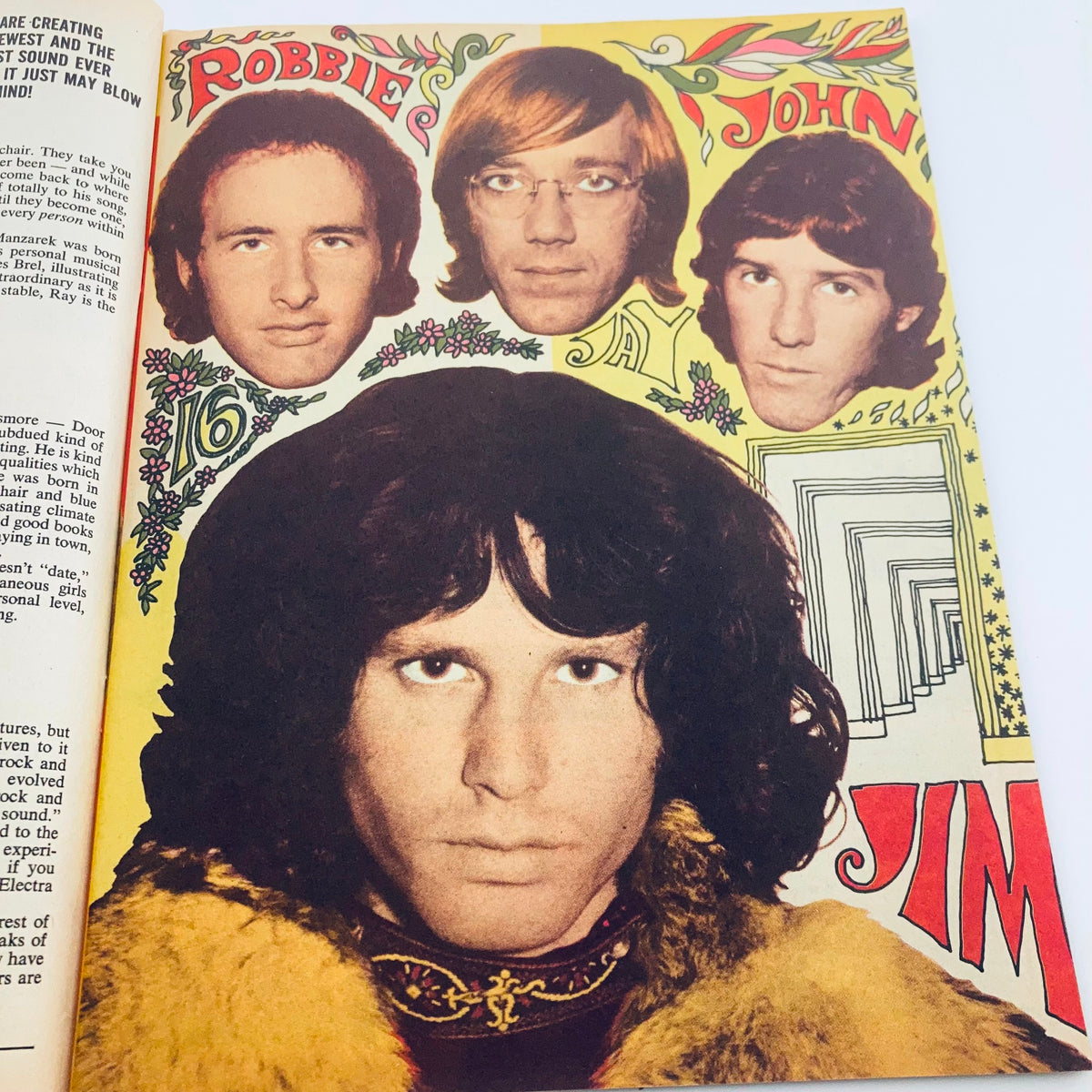 Image from VTG 16 Magazine December 1967 displaying a colorful illustration of four musicians, including Jim Morrison, representing the vibrant music culture of the late 1960s.