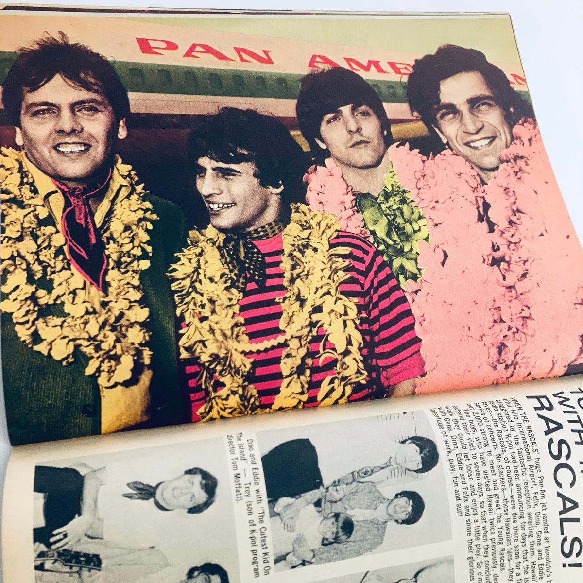 VTG 16 Magazine December 1967 Vol 9 No. 7 Dino & The Rascals No Label depicting a group of male singers adorned with flower leis, representing the fun and vibrant style of 1960s youth culture.