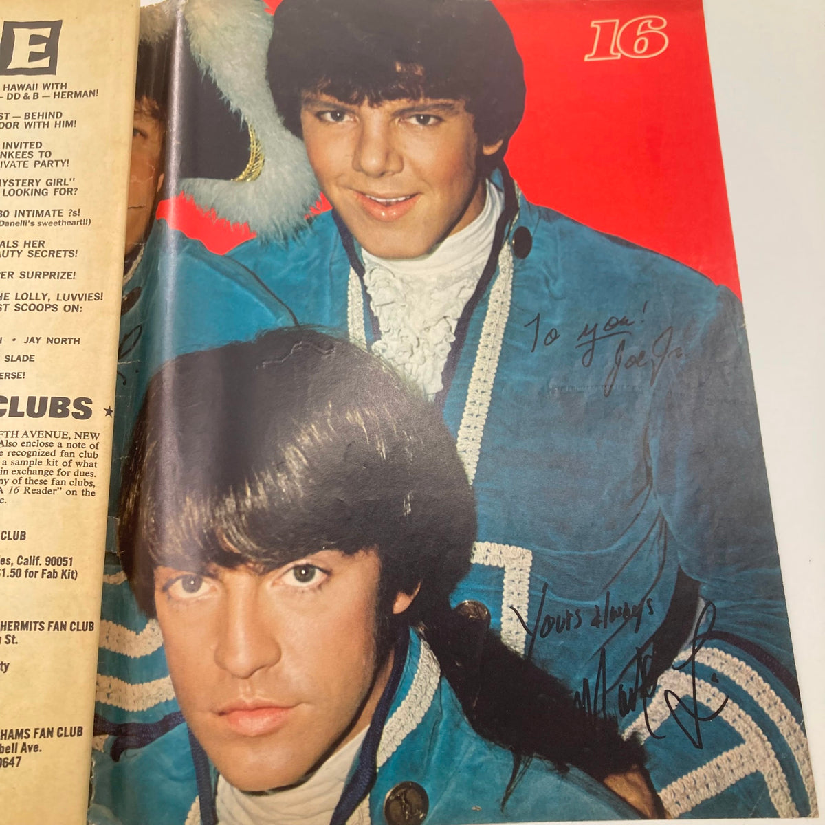 VTG 16 Magazine December 1967 Vol 9 No. 7 Dino & The Rascals No Label showcasing two young men in vibrant costumes with handwritten signatures, celebrating the nostalgic appeal of 1960s teen magazines.