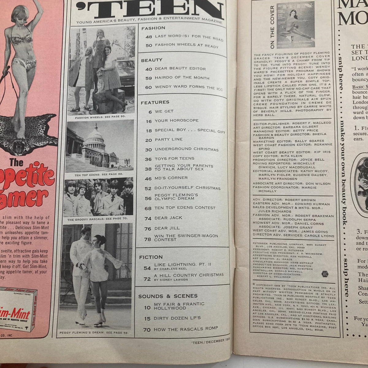 Interior page of the December 1968 issue of 'Teen Magazine featuring Peggy Flemming, highlighting various articles and features including fashion and lifestyle content.