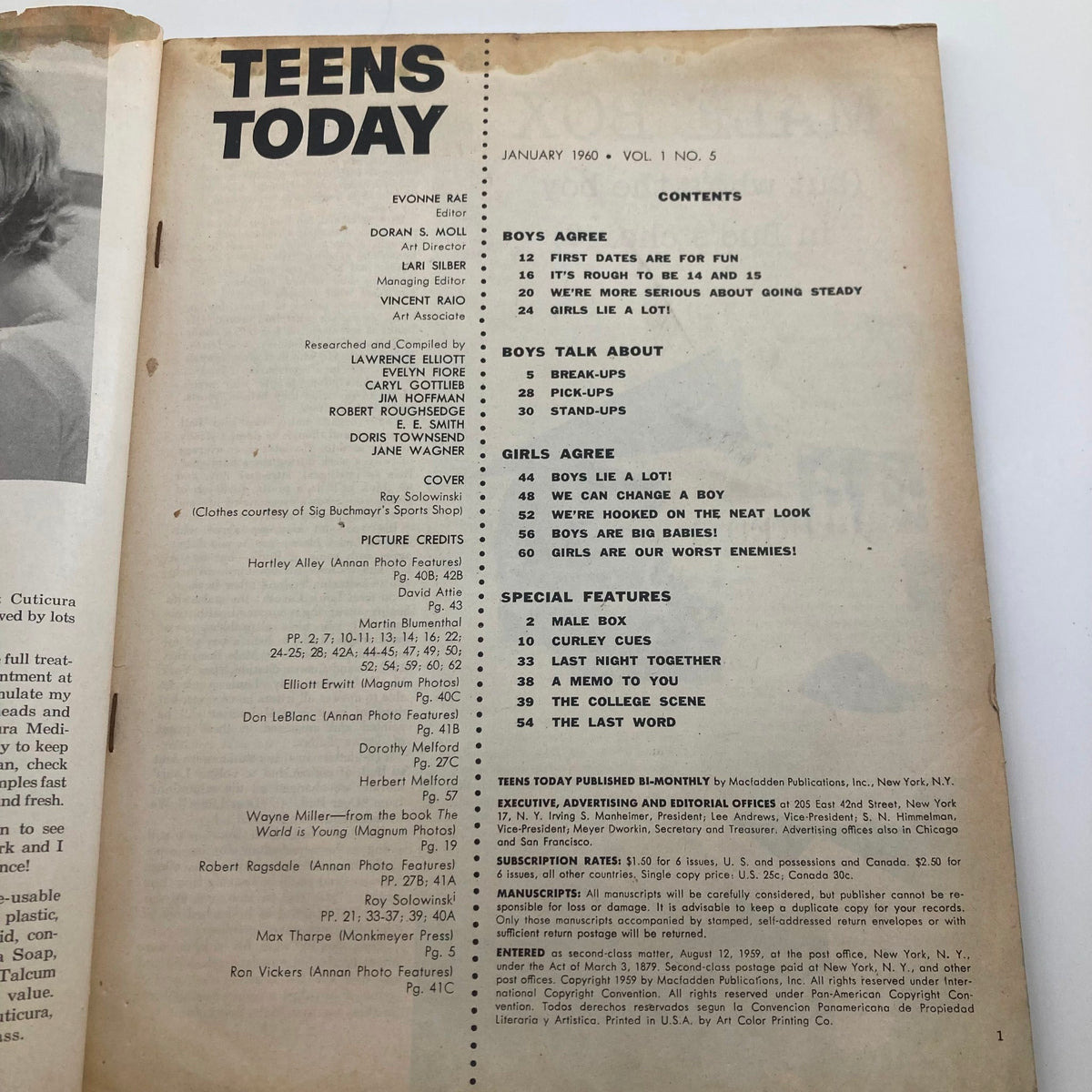Contents page of VTG Teens Today Magazine January 1960, Volume 1, Number 5, listing articles and features on teen relationships and cultural insights.