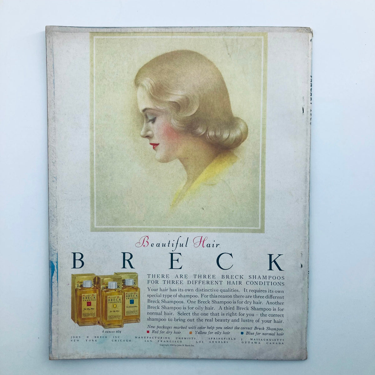 Back cover of VTG Teens Today Magazine January 1960 featuring an advertisement for Breck Shampoos, highlighting hair care products popular in the era.