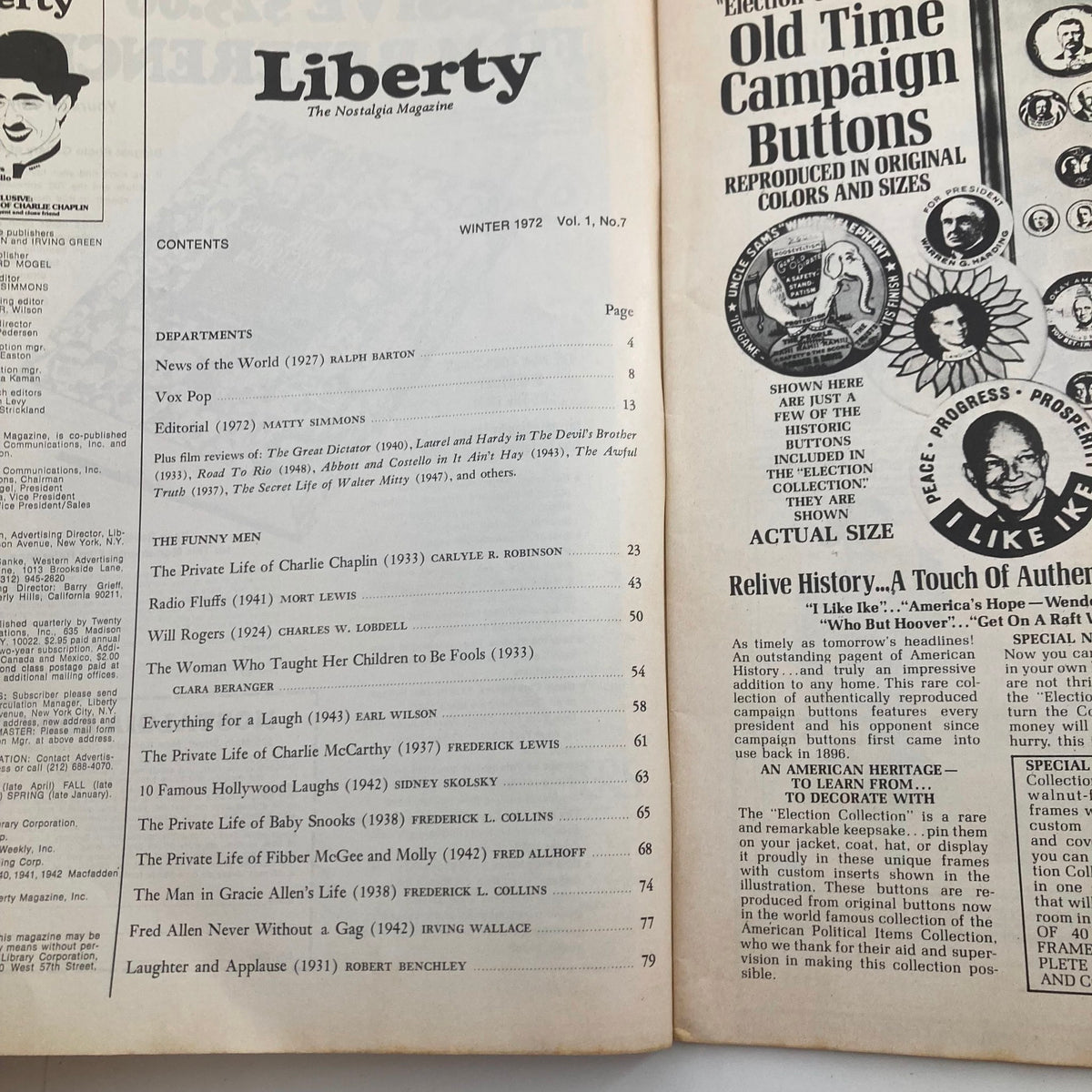 Interior page of VTG Liberty The Nostalgia Magazine Winter 1972 showing the table of contents, including articles about Charlie Chaplin and the entertainment industry.